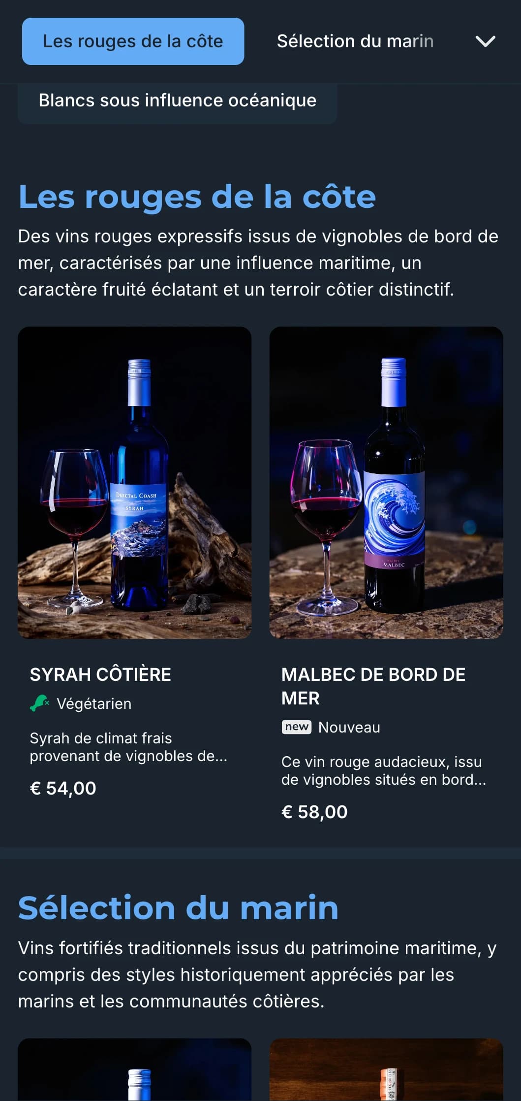 Modèle de carte des vins sombre d'inspiration méditerranéenne avec des accents bleus vibrants, parfait pour les restaurants côtiers du soir et les expériences œnologiques en bord de mer.