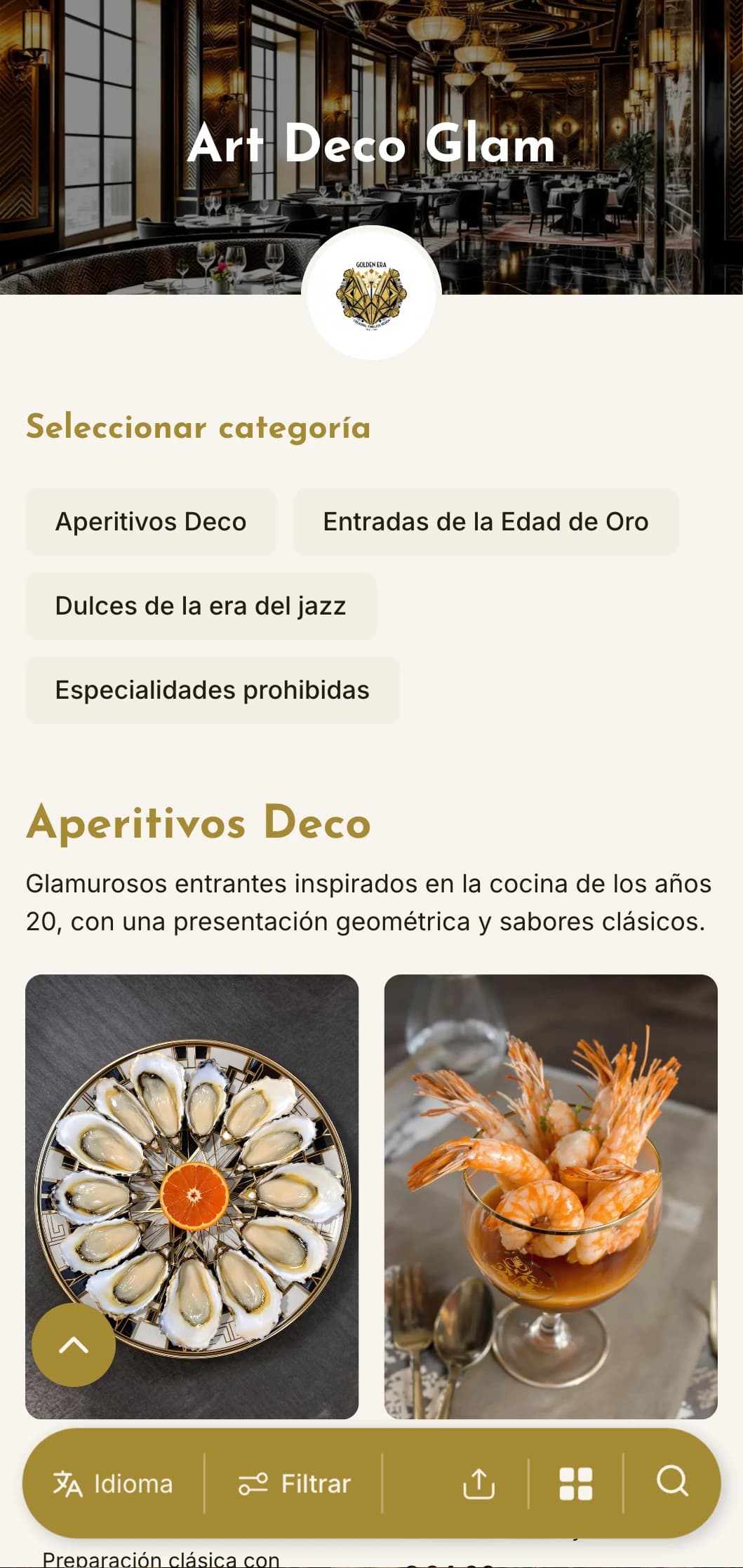 Un glamuroso menú para cenas inspirado en los años 20, con motivos geométricos y toques metálicos, ideal para establecimientos con aire vintage.