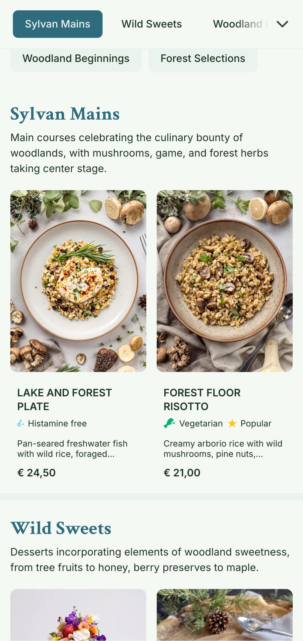 Serene, woodland-inspired lunch menu design with organic textures and earth tones, perfect for restaurants near natural settings and parks.