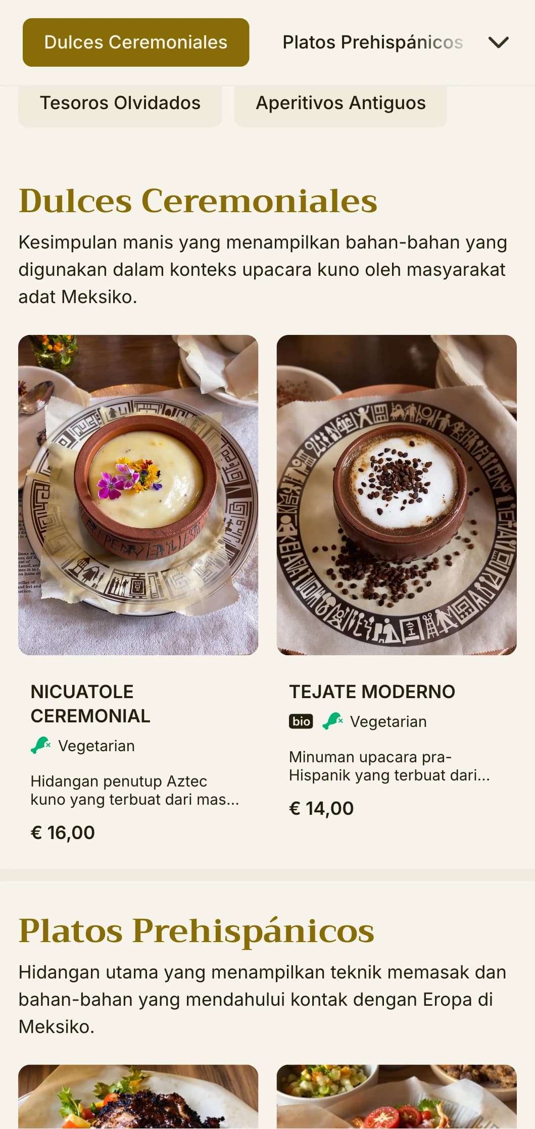 Menu yang canggih dan edukatif yang menampilkan bahan-bahan Meksiko kuno, aksen emas, dan teknik memasak pra-Hispanik.