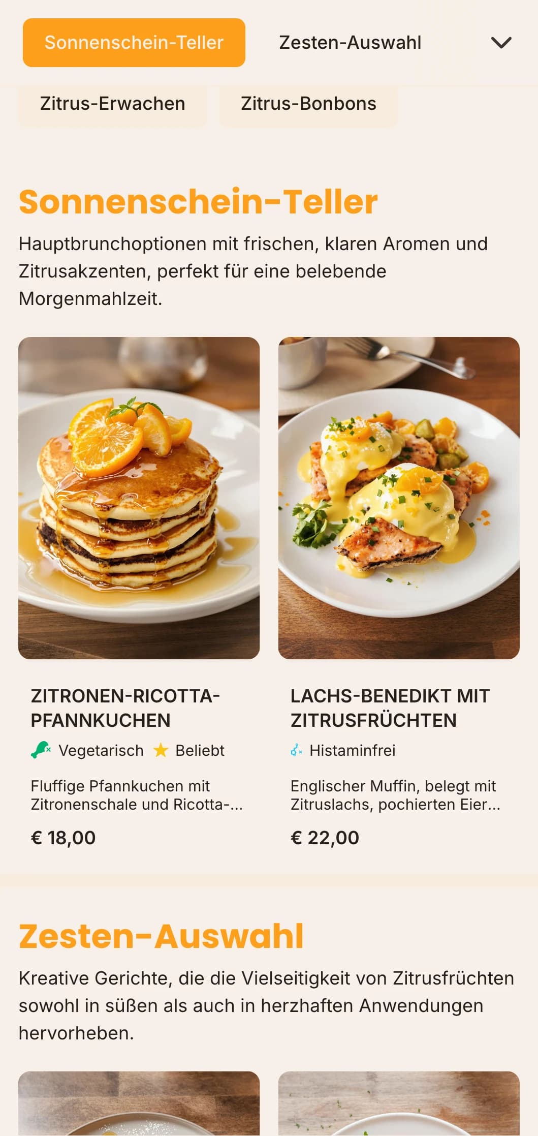 Helle, energiegeladene Brunch-Vorlage mit pikanten Orangenakzenten, perfekt für Saftbars und gesundheitsorientierte Cafés.