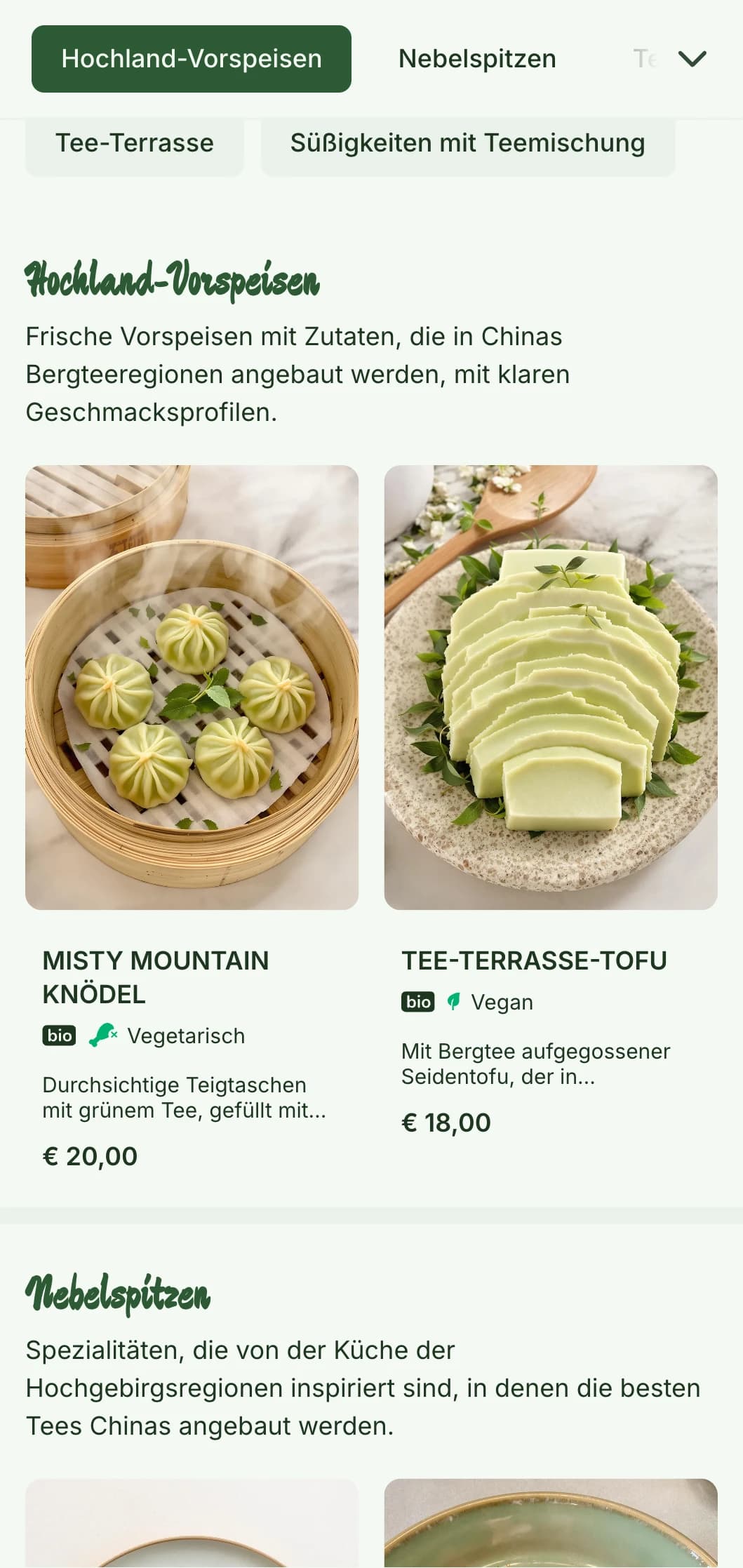 Gelassenes chinesisches Menüdesign, inspiriert von Teeplantagen in den Bergen, mit frischen Elementen für eine vom Tee inspirierte Küche.