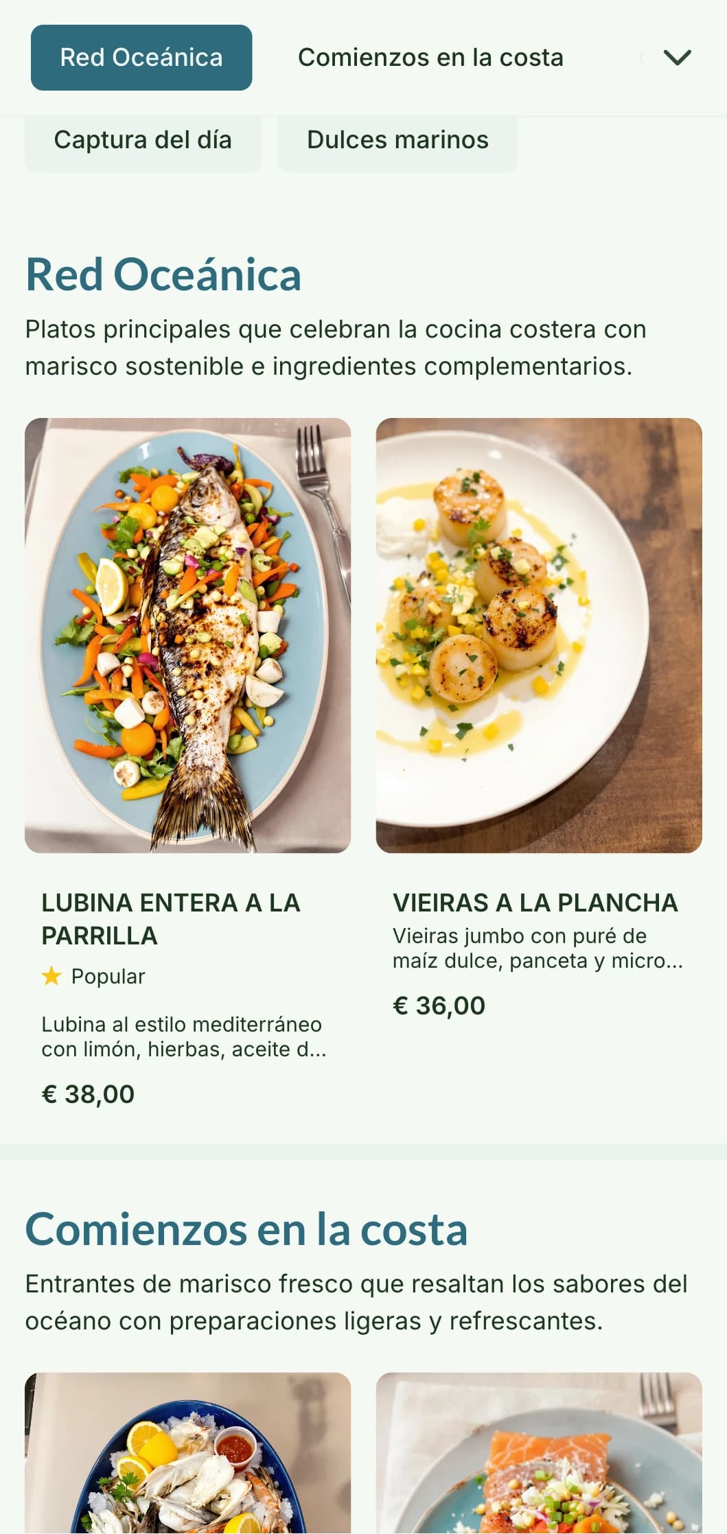 Un diseño de menú fresco y aireado inspirado en la vida costera, con azules suaves y texturas naturales, perfecto para marisquerías.
