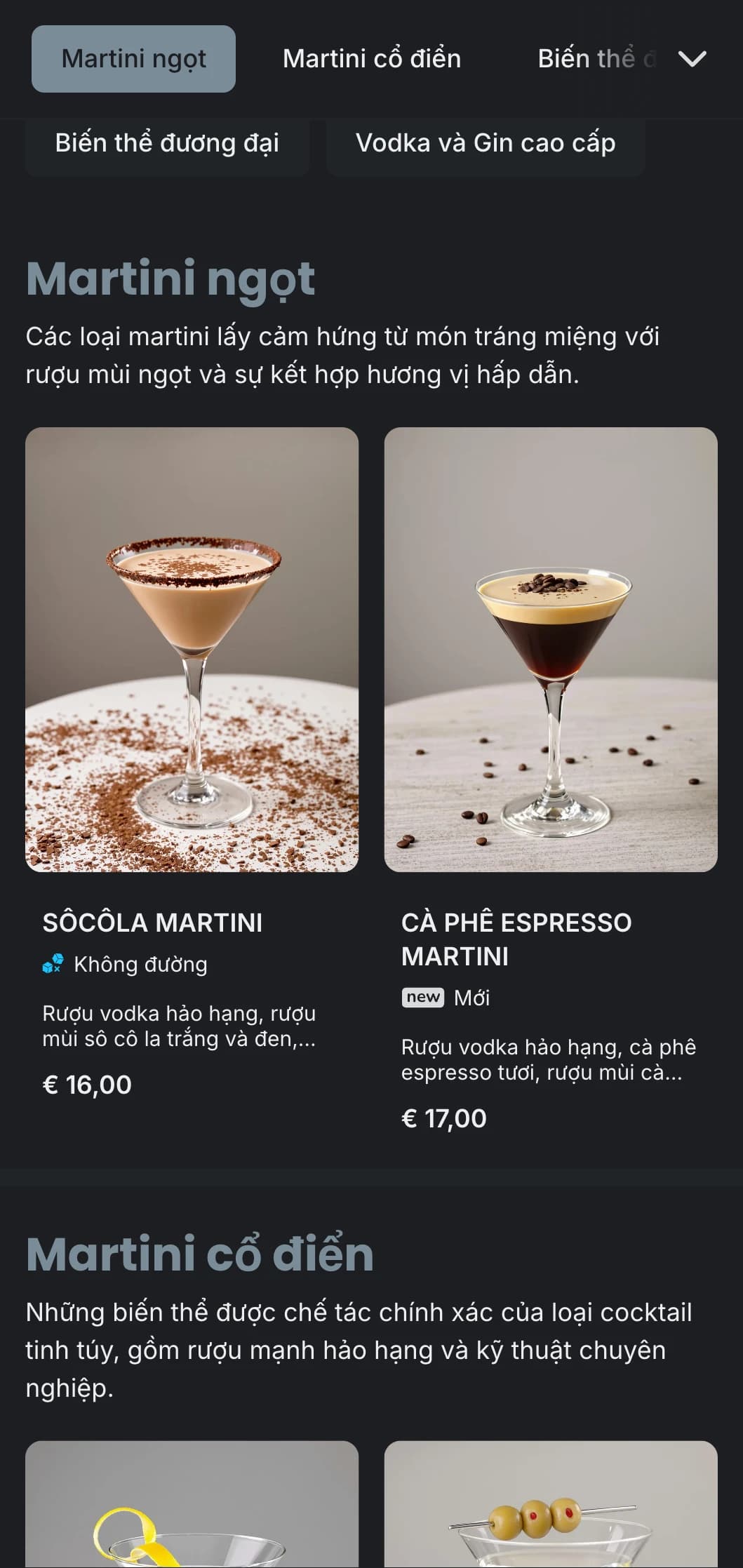 Thiết kế thực đơn tinh tế, hiện đại cho quán bar và quán rượu martini với kiểu chữ đẹp mắt và tông màu xám mát mẻ.
