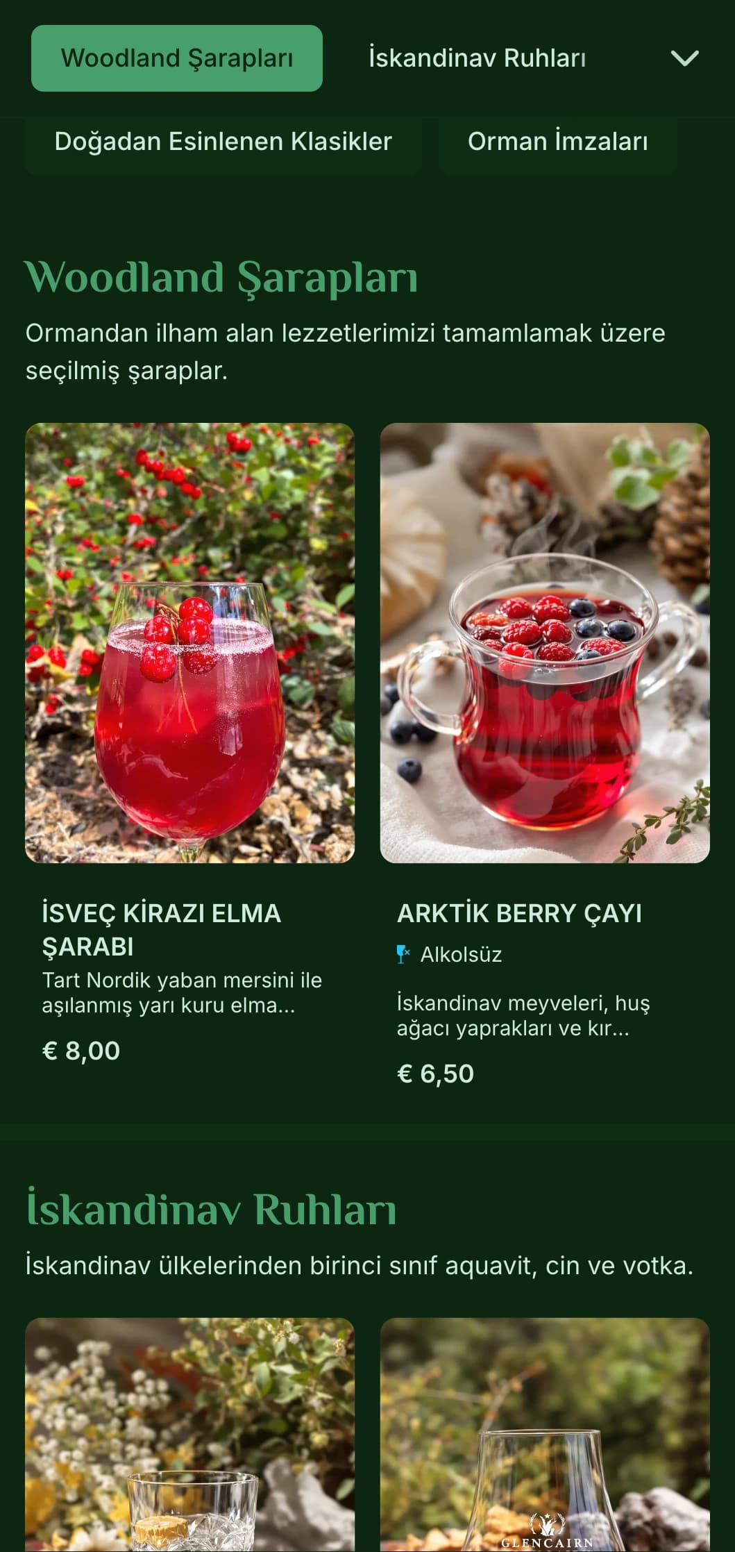 Doğa temalı barlar için İskandinav ormanlarından ilham alan koyu yeşil tasarım.