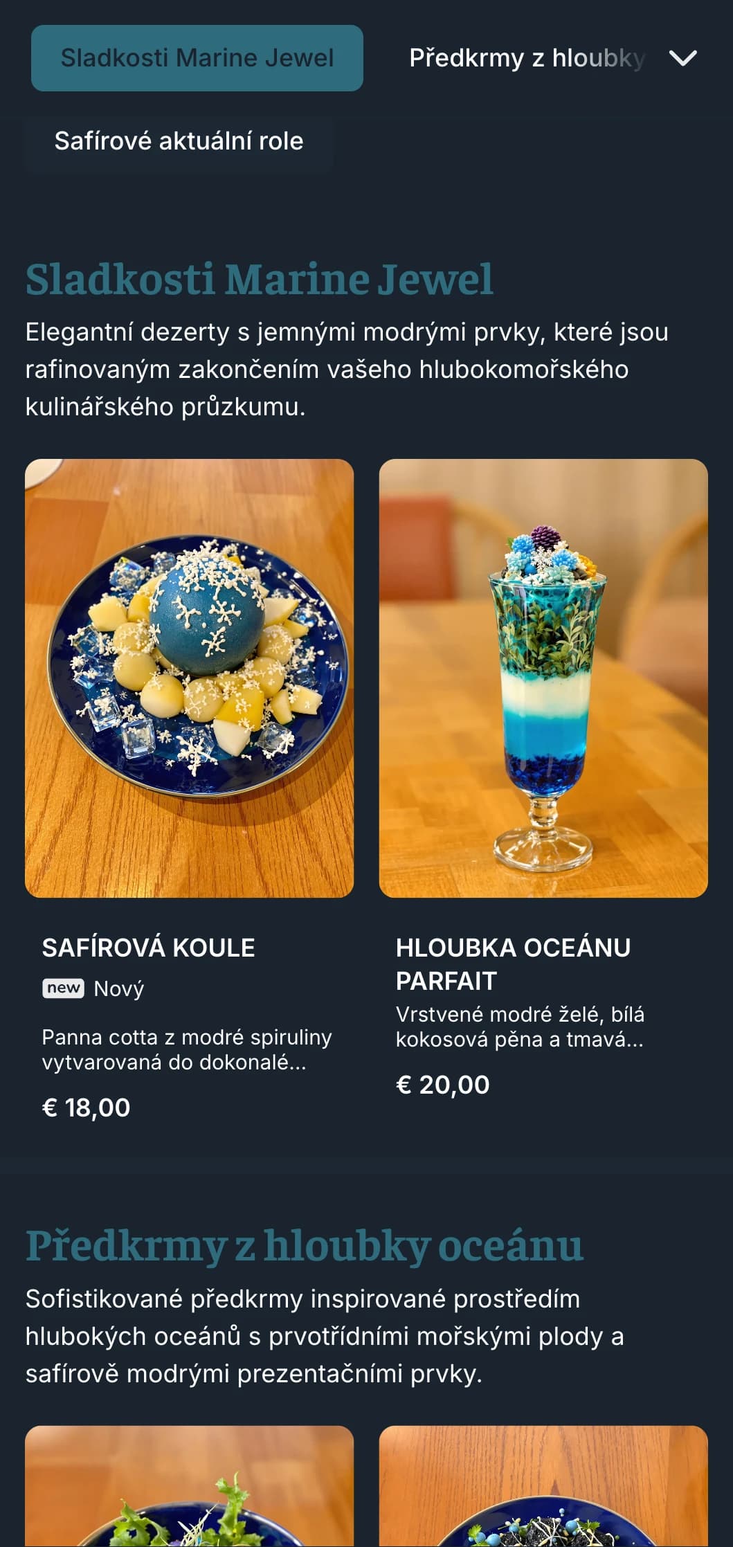 Sytě modré menu sushi inspirované oceánem se sytými safírovými tóny pro prvotřídní restaurace s mořskými plody.
