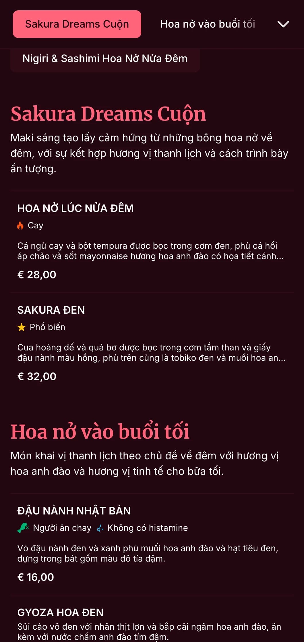 Trải nghiệm bữa tối sushi sang trọng với họa tiết hoa anh đào ấn tượng trên tông màu đỏ tía đậm cho bữa tối cao cấp.