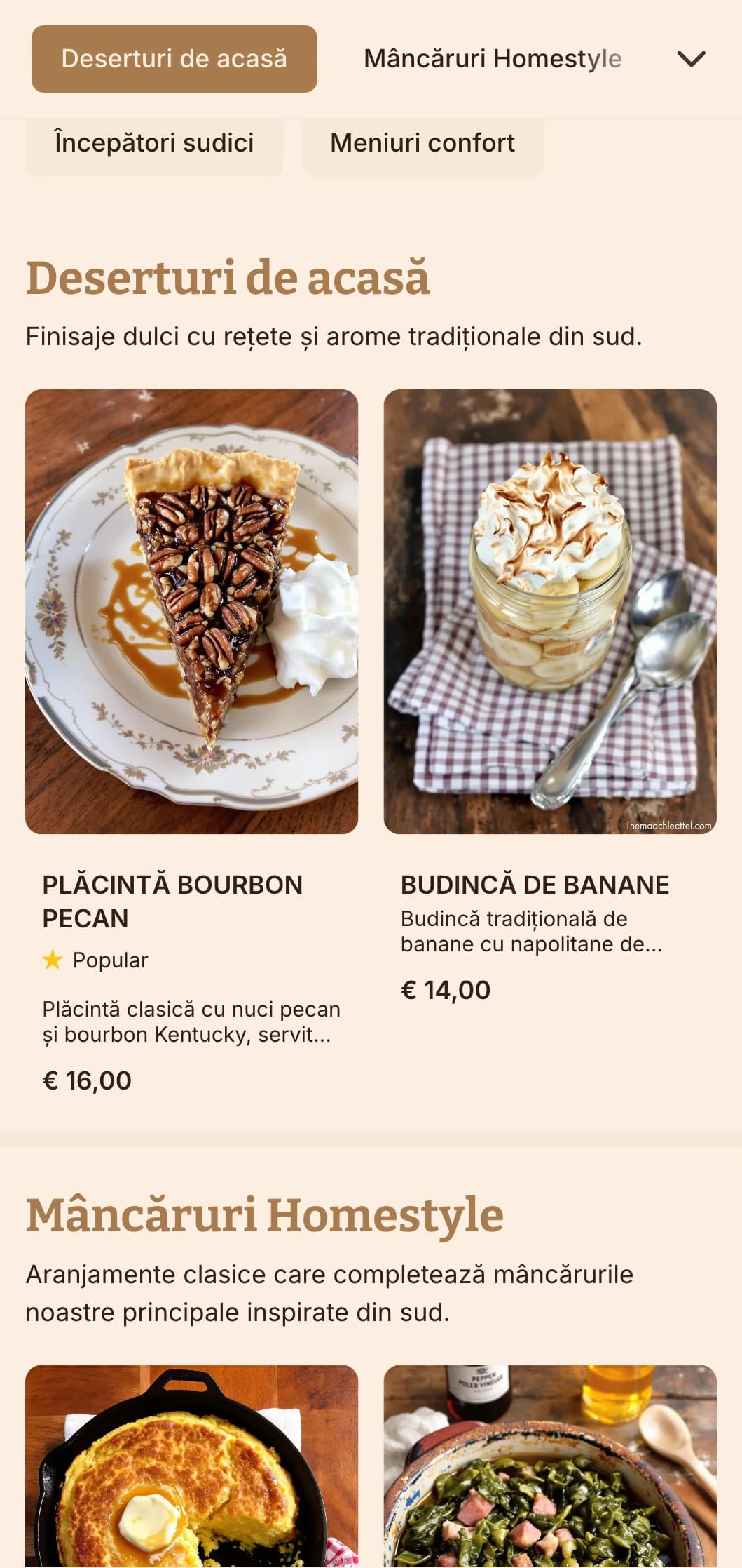 Catering în stil sudic, cu clasice de confort, porții generoase și prezentare în stil casnic pentru reuniuni de familie și întâlniri ocazionale.