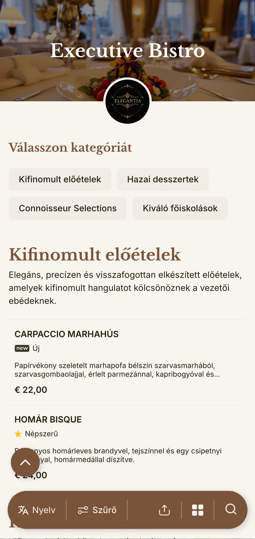 Kifinomult tipográfiával és elegáns térközökkel ellátott, kifinomult ebédmenü-tervezés, amely az üzleti szakembereket kiszolgáló előkelő szállodai éttermek és éttermek számára készült.