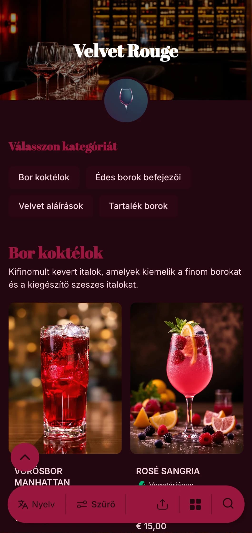 Fényűző, drámai design előkelő borbárok és társalgók számára, gazdag vörös tónusokkal és merész tipográfiával.