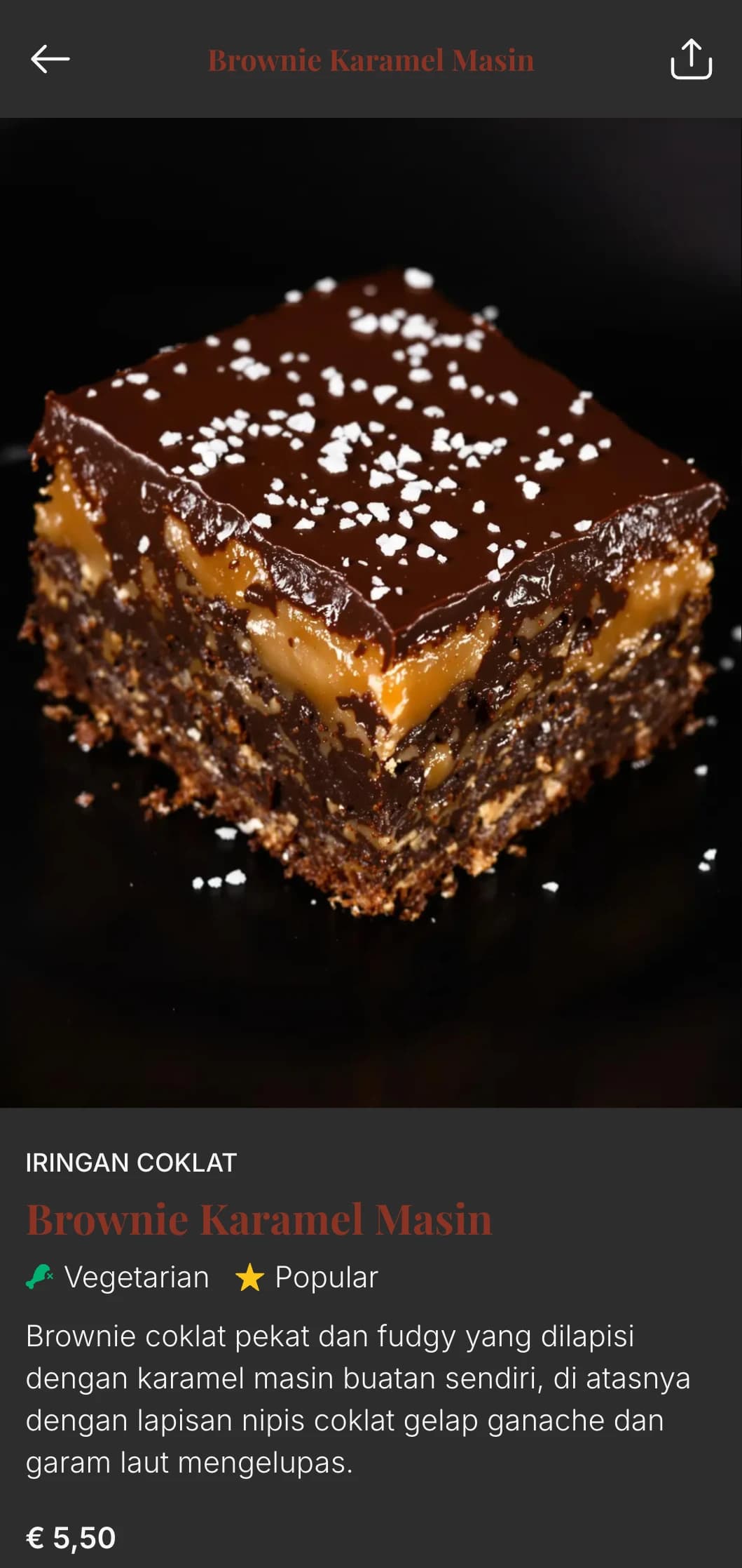 Reka bentuk menu bakeri yang mewah dan memanjakan dengan rona coklat pekat dan tipografi mewah, sesuai untuk kedai roti dan kedai pencuci mulut yang menumpukan coklat.