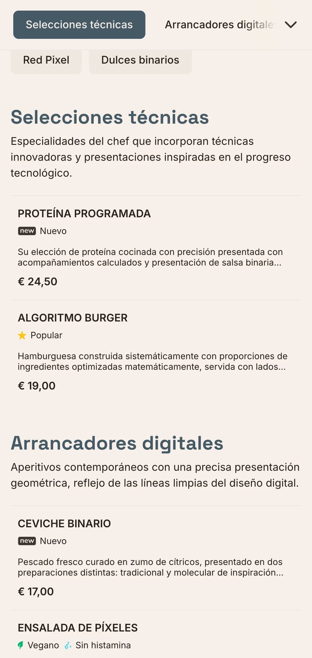 Diseño de menú de almuerzo de inspiración digital con estética tecnológica y precisa disposición en cuadrícula, perfecto para restaurantes en distritos de innovación y cerca de empresas tecnológicas.