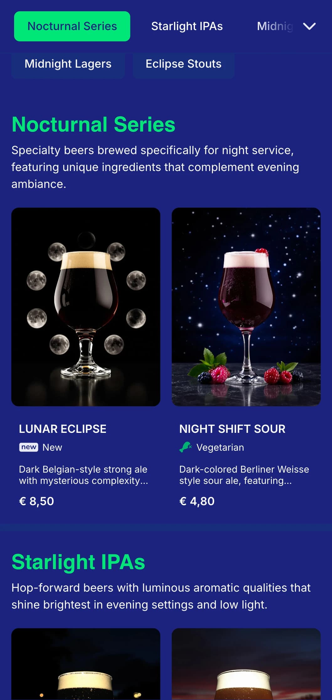 Dark and mysterious design with midnight blue tones and lunar elements, ideal for evening-focused establishments and night breweries.