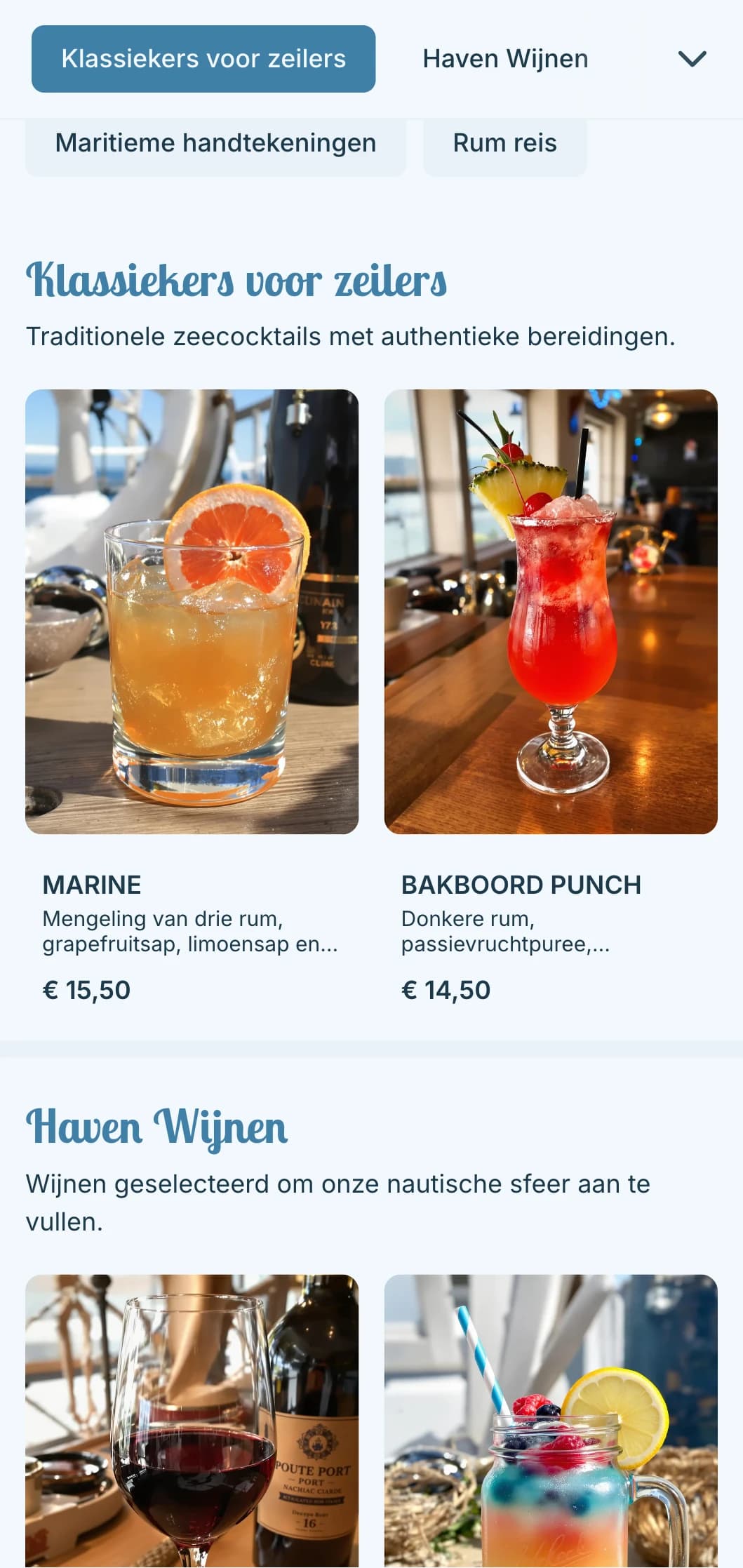 Op de zee geïnspireerd blauw ontwerp met nautische elementen voor cafés aan de haven.