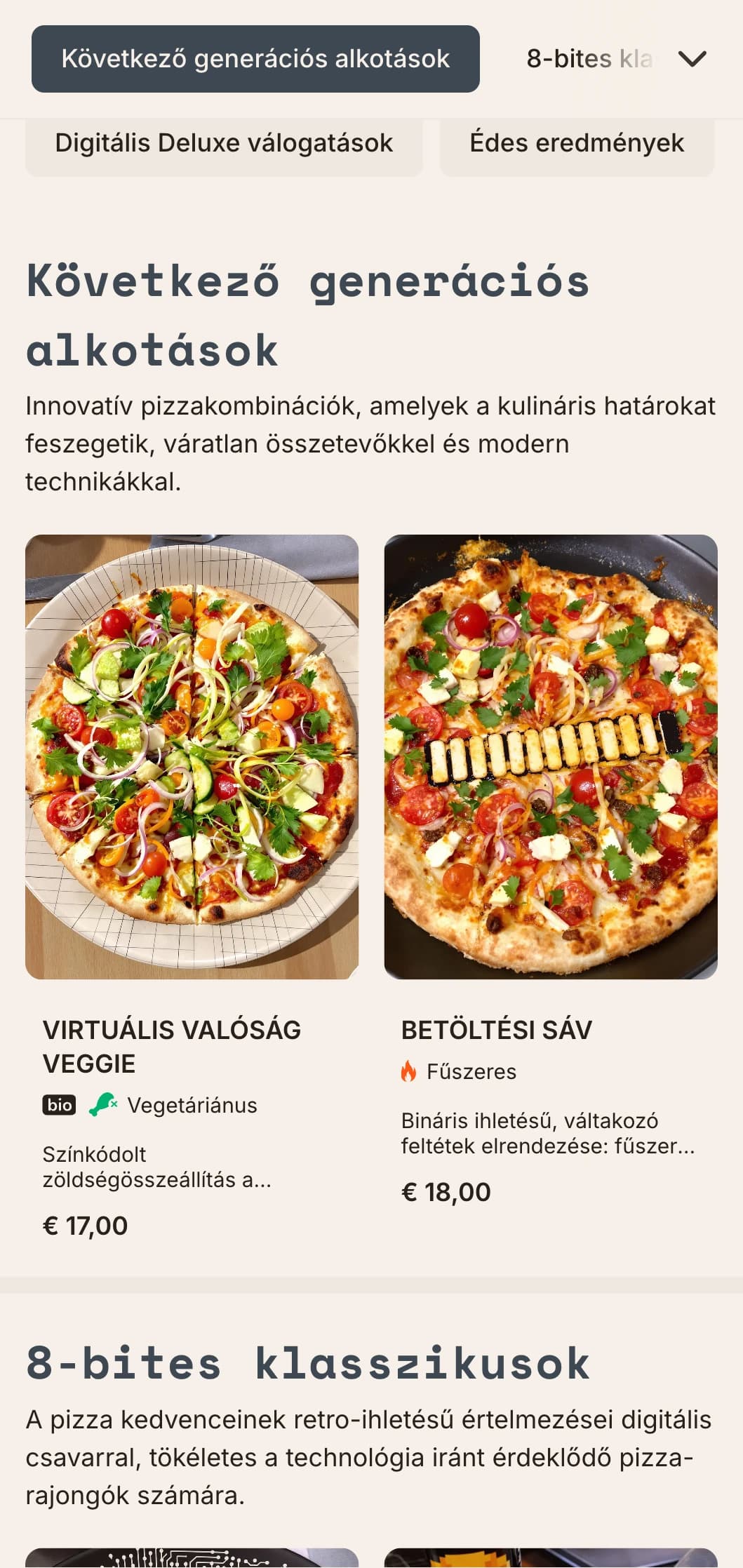 Technológiai ihletésű modern pizzamenü digitális esztétikával innovatív pizzakoncepciókhoz.