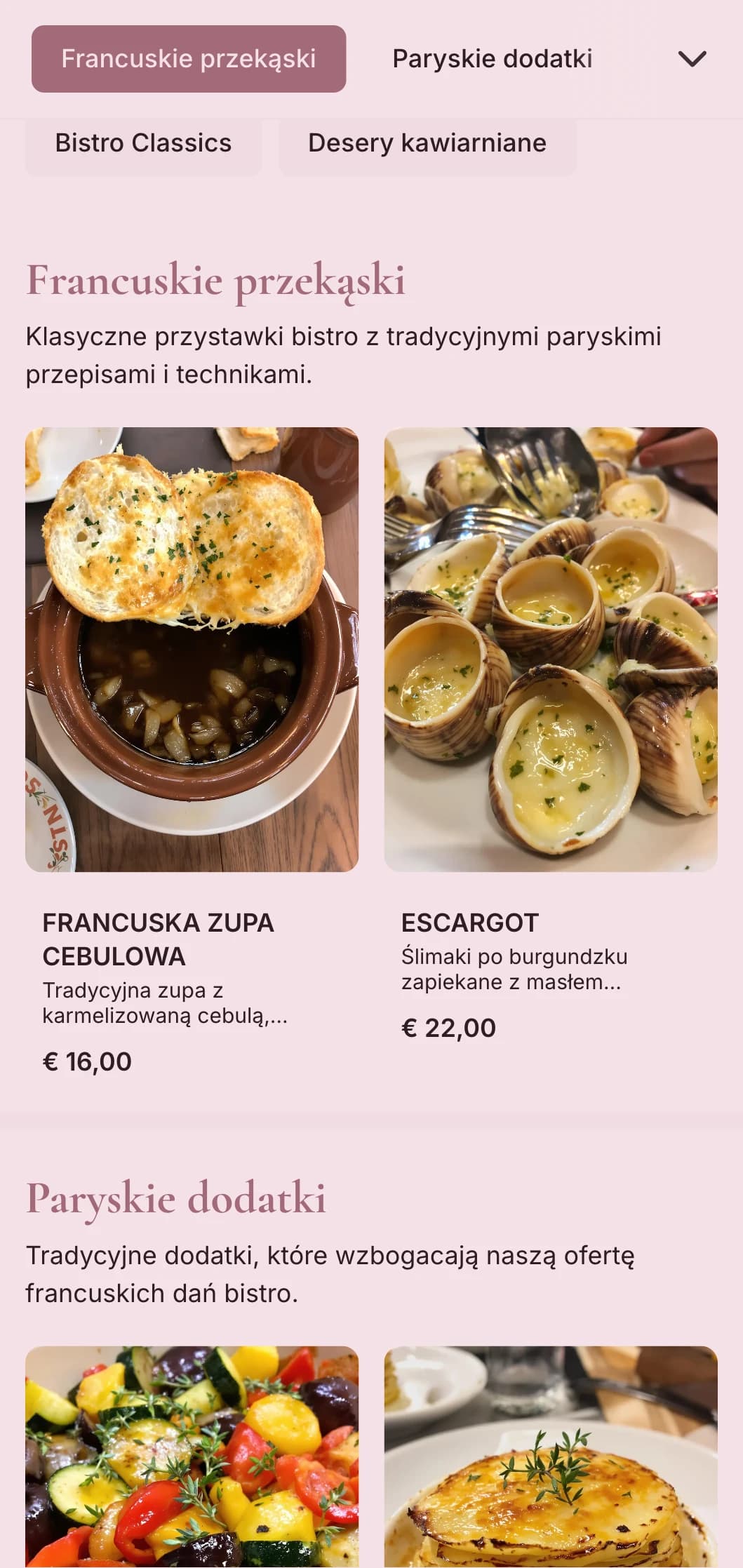 Klasyczny catering inspirowany kuchnią francuską z ulubionymi daniami bistro, wyrafinowanymi technikami i elegancką, ale przystępną prezentacją na wyrafinowane imprezy.