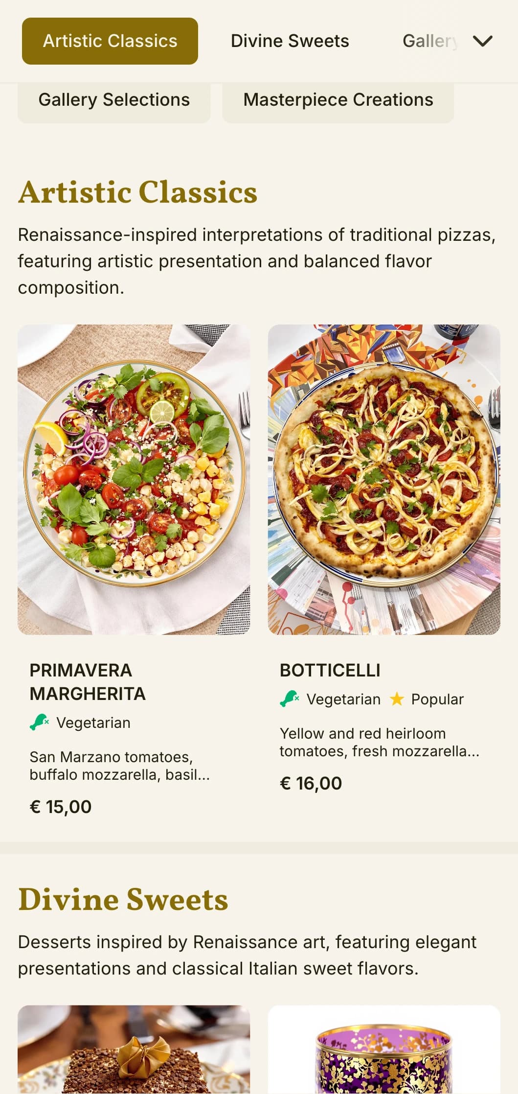 Artistic pizza menu inspired by Italian Renaissance with rich visual elements.