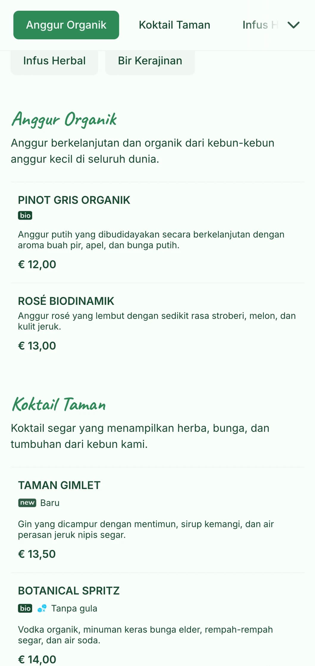 Desain bertema hijau segar dengan elemen botani untuk bar taman dan teras.