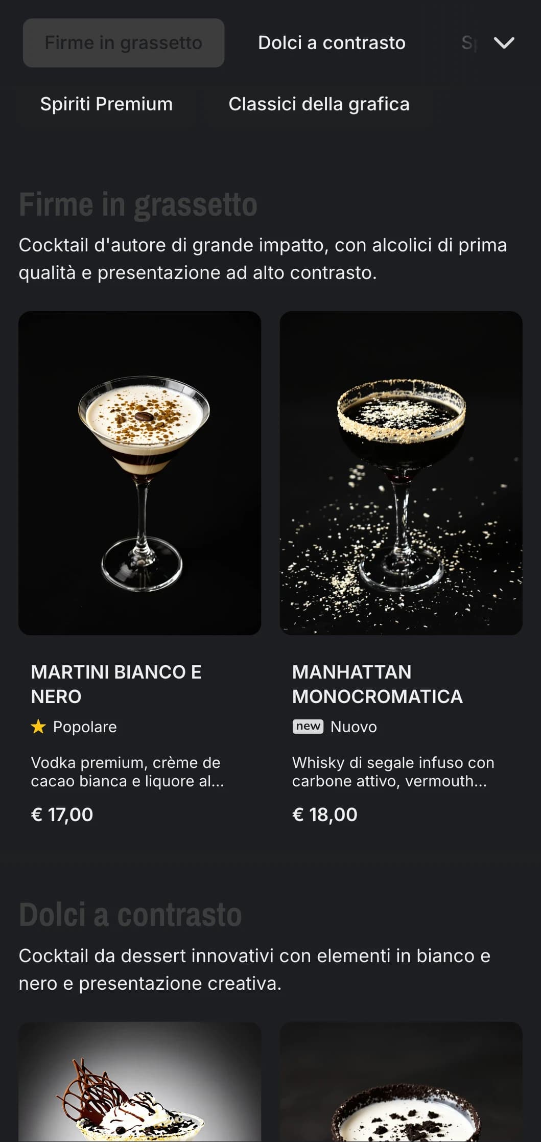 Un design elegante in bianco e nero per cocktail bar contemporanei, caratterizzato da un forte contrasto e da una tipografia minimalista.