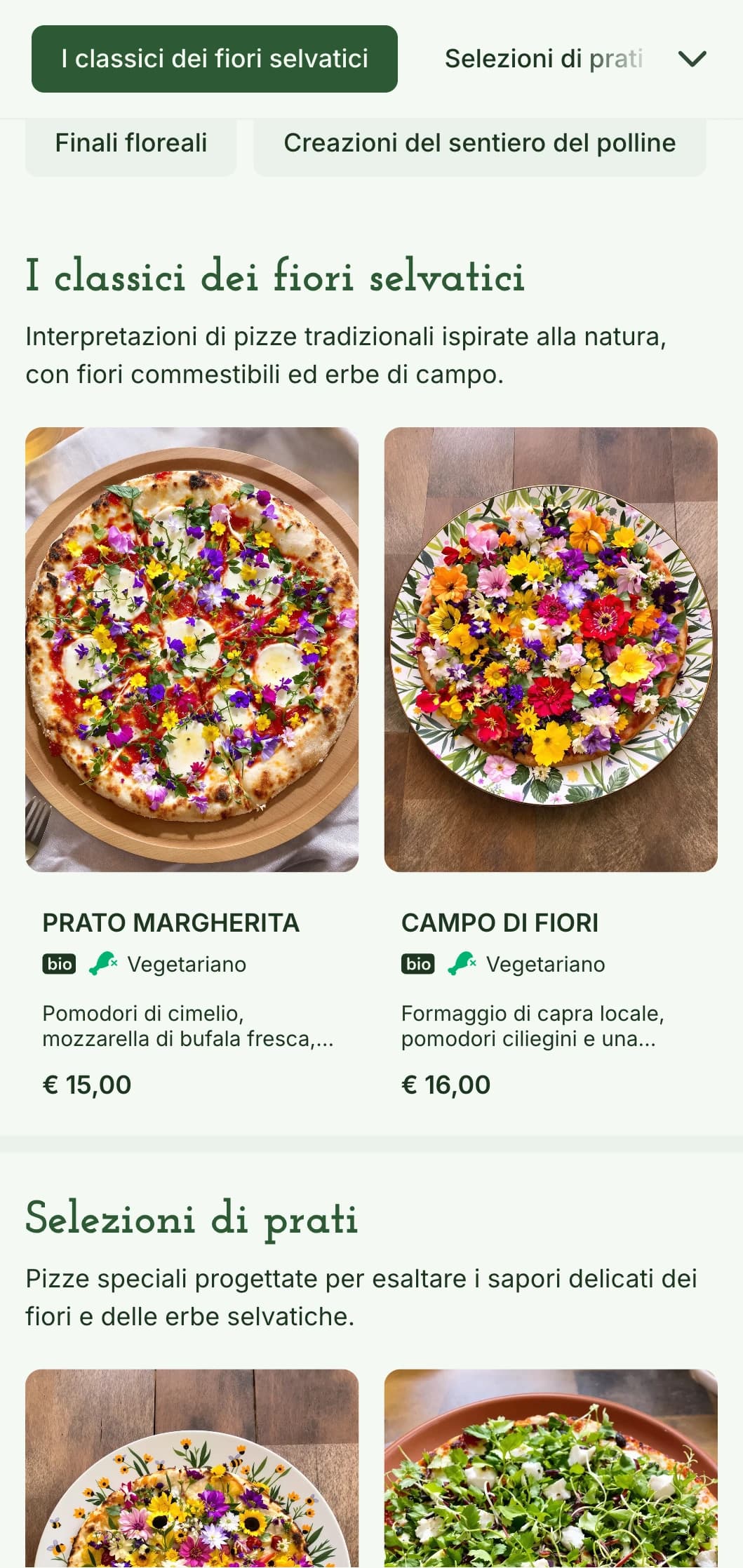 Menù di pizza ispirata ai fiori selvatici che enfatizza gli ingredienti locali e raccolti e la presentazione naturale.