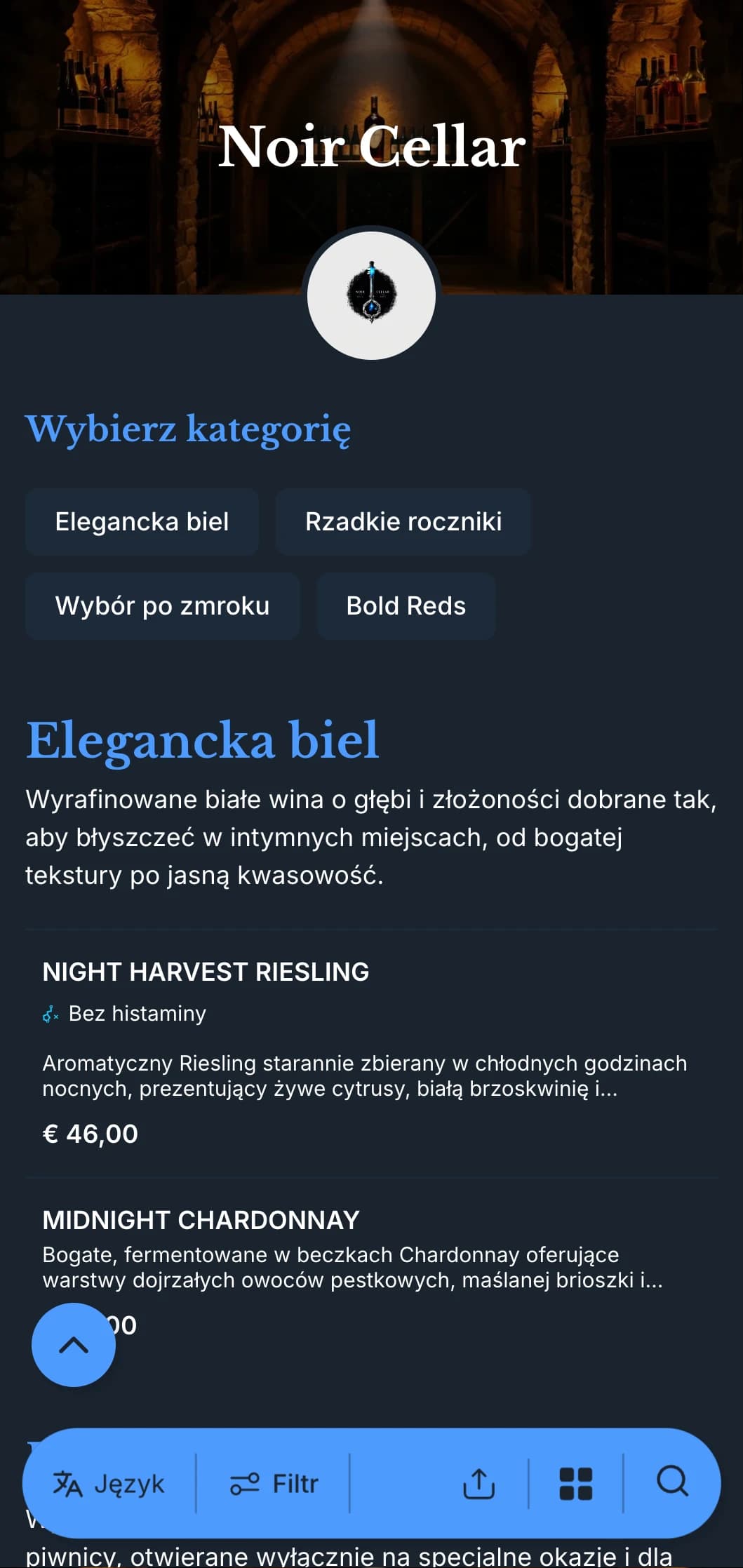 Wyrafinowany, ciemny szablon karty win z uderzającymi niebieskimi akcentami na głębokim granatowym tle, idealny do kameralnych salonów winiarskich i wieczornych lokali.