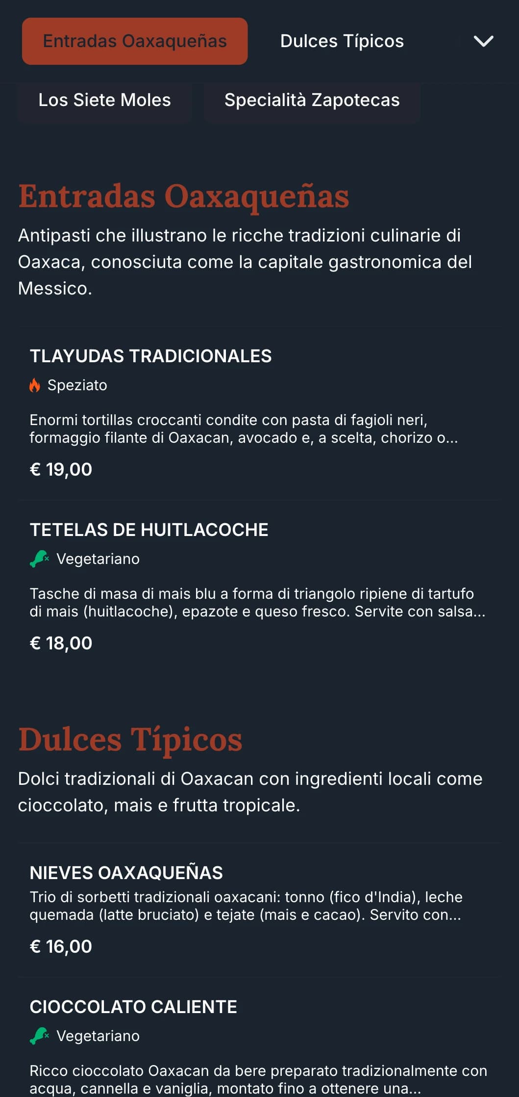 Menu ricco e terroso che celebra le tradizioni culinarie di Oaxaca con accenti di terracotta, motivi indigeni e specialità a base di mole.