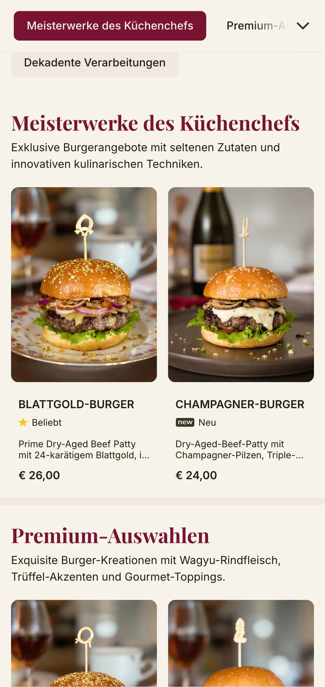Hochwertiges Burger-Essen mit erstklassiger Typografie und reicher Farbpalette für ein gehobenes Burger-Erlebnis.