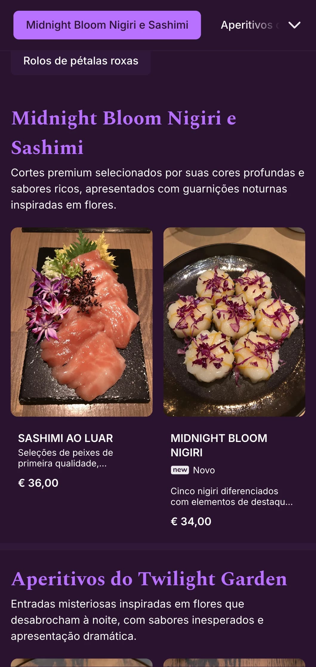 Luxuosa experiência de sushi noturno com detalhes em roxo profundo e elementos florais dramáticos.