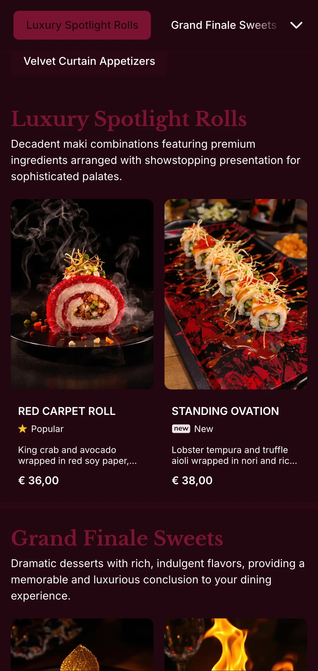 Luxurious sushi experience featuring rich red velvet tones and dramatic elements for premium venues.