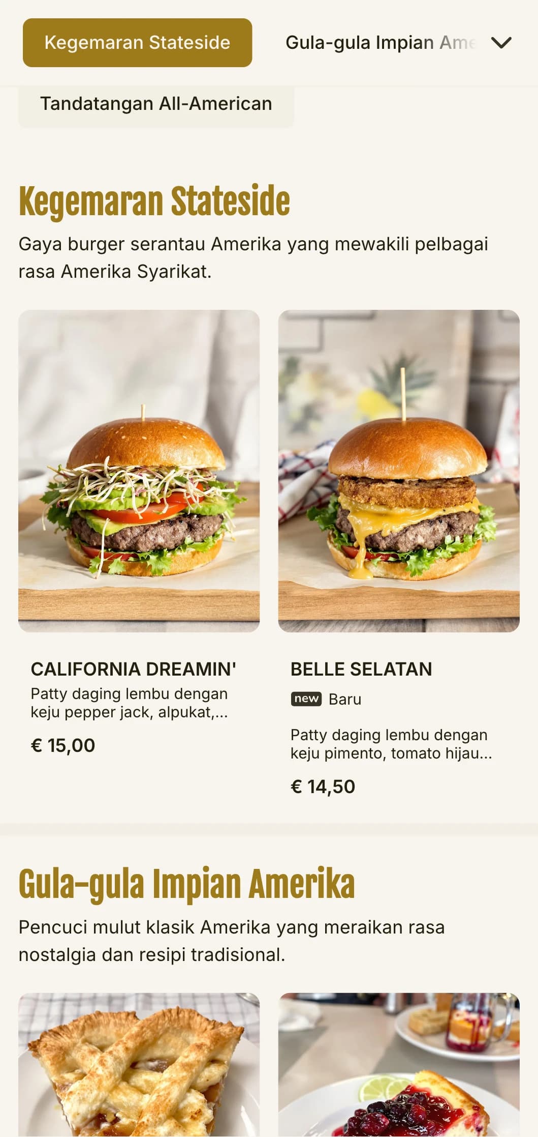 Kedai burger klasik Amerika dengan aksen merah, putih dan biru serta elemen restoran nostalgia.