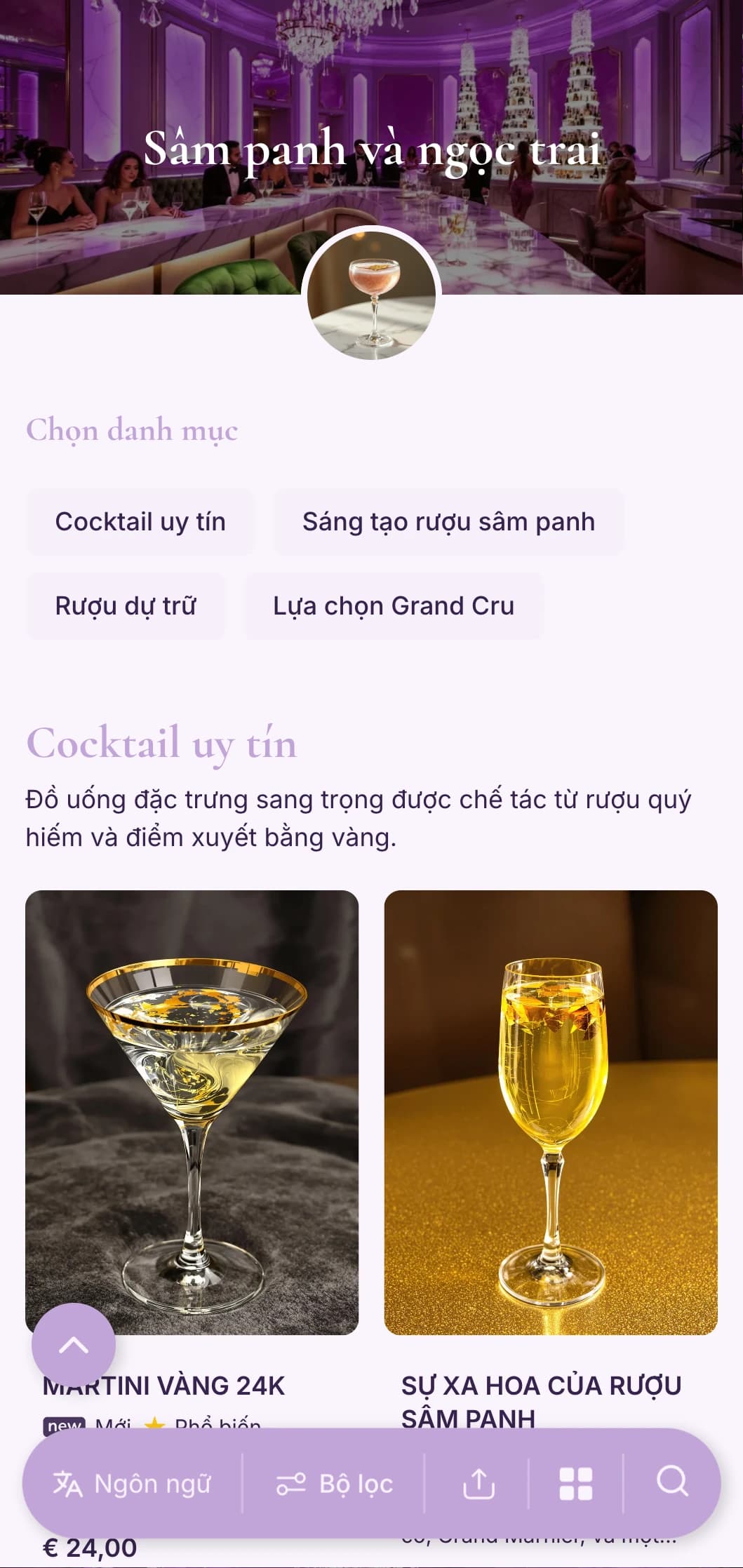 Thiết kế tinh tế với tông màu hoa oải hương và trắng ngọc trai dành cho các phòng chờ phục vụ rượu sâm panh và cocktail cao cấp.