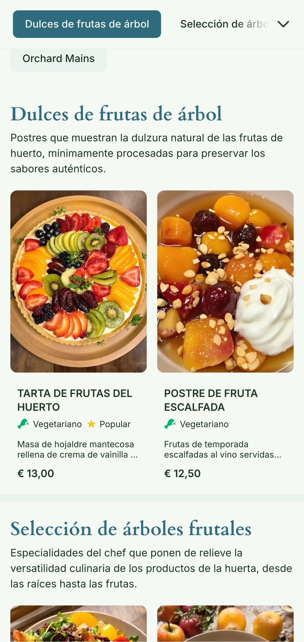Diseño de menú de almuerzo inspirado en la fruta y la huerta, con elementos de temporada y abundancia natural, ideal para restaurantes que utilizan frutas de árbol y productos de la huerta.