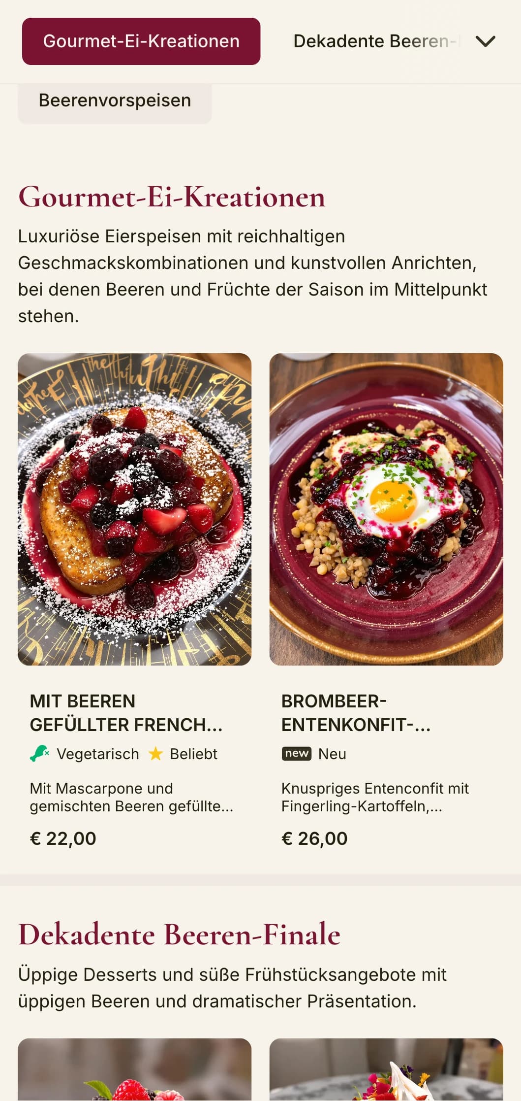 Lebendige Brunch-Vorlage mit satten Beerentönen und eleganter Typografie, die für Cafés mit typischen fruchtbetonten Gerichten entwickelt wurde.