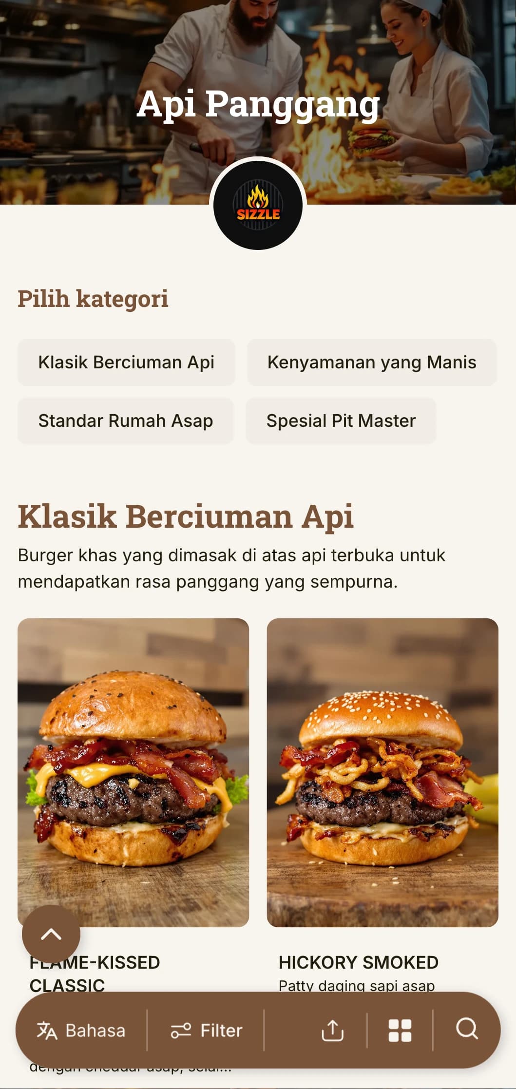 Desain berani yang berfokus pada panggangan dengan warna kayu yang hangat dan aksen api untuk pengalaman burger panggang yang otentik.
