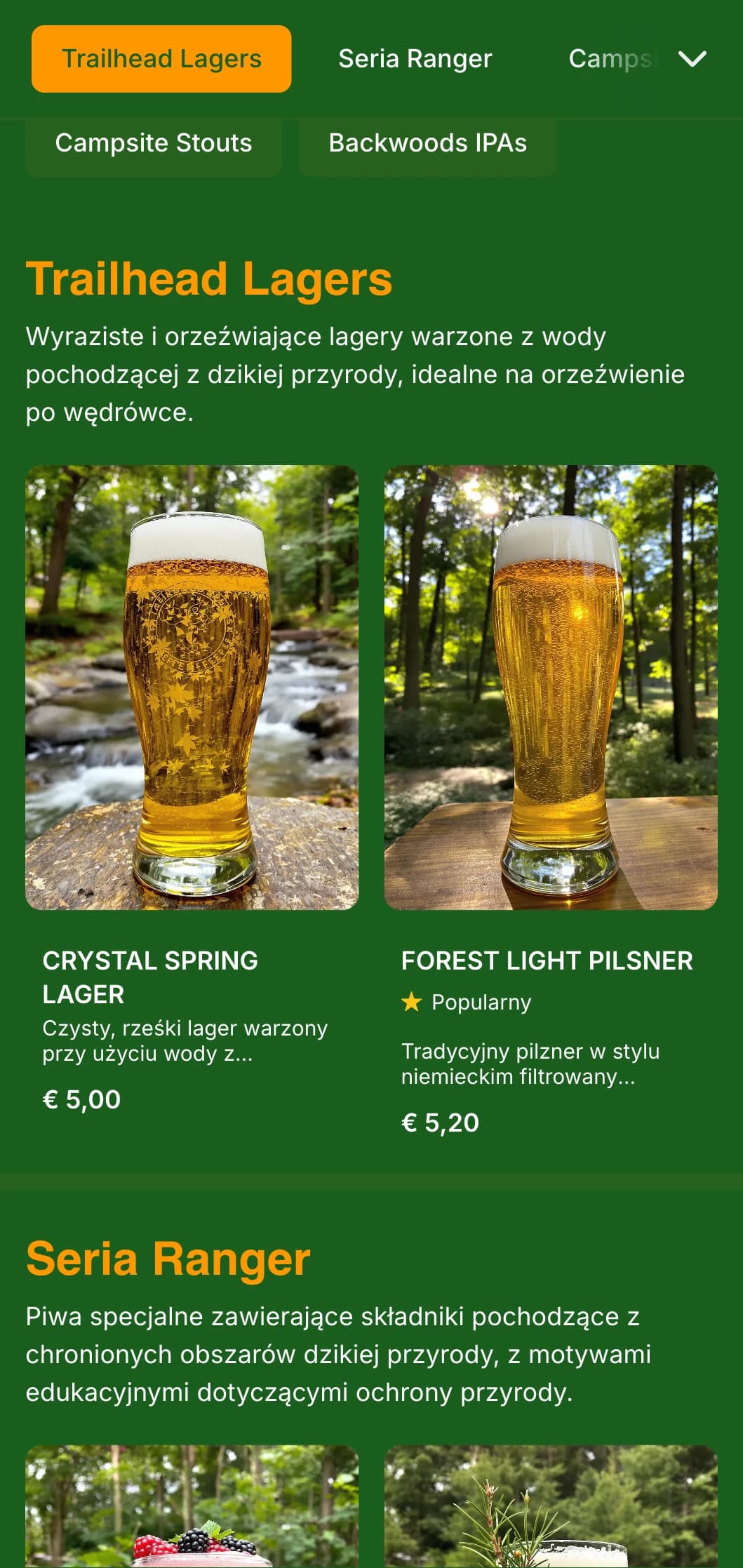 Naturalny i ziemisty design inspirowany głębokimi lasami, z bogatą zielenią i elementami leśnymi dla browarów o tematyce przyrodniczej.