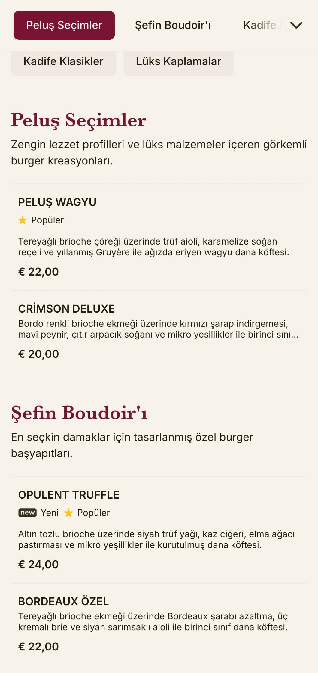 Zengin dokulara ve gösterişli sunuma sahip pelüş lüks burger salonu.