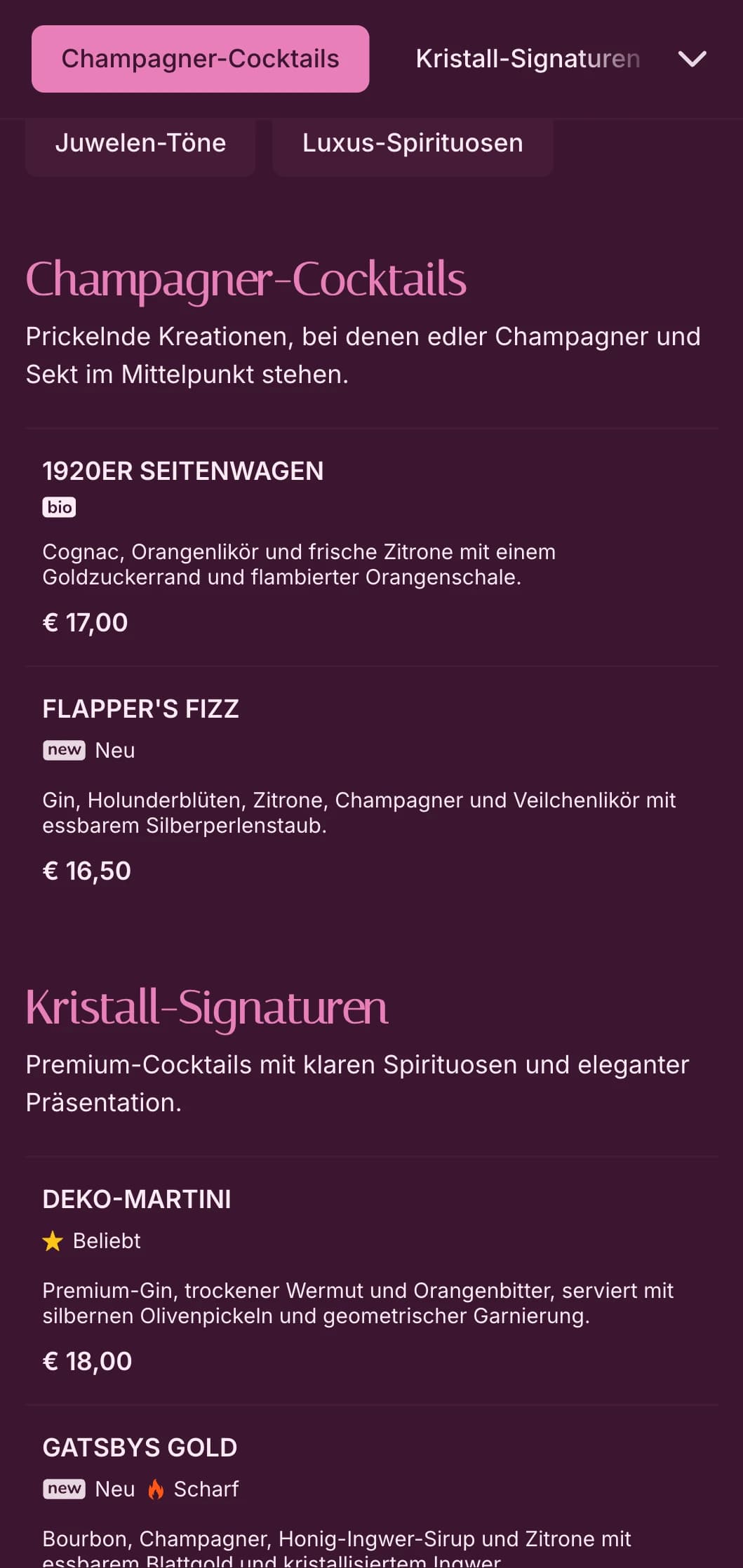 Raffiniertes, von Pink und Kristall inspiriertes Design für gehobene Cocktails.
