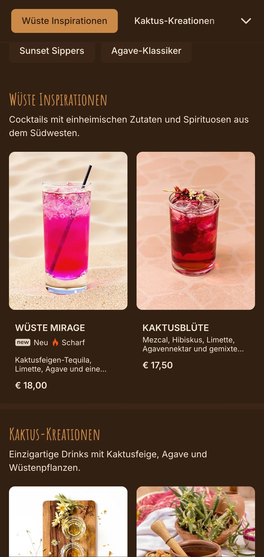 Warme, von der Wüste inspirierte Farbpalette mit südwestlichen Motiven für Tequila- und Mezcal-Bars.
