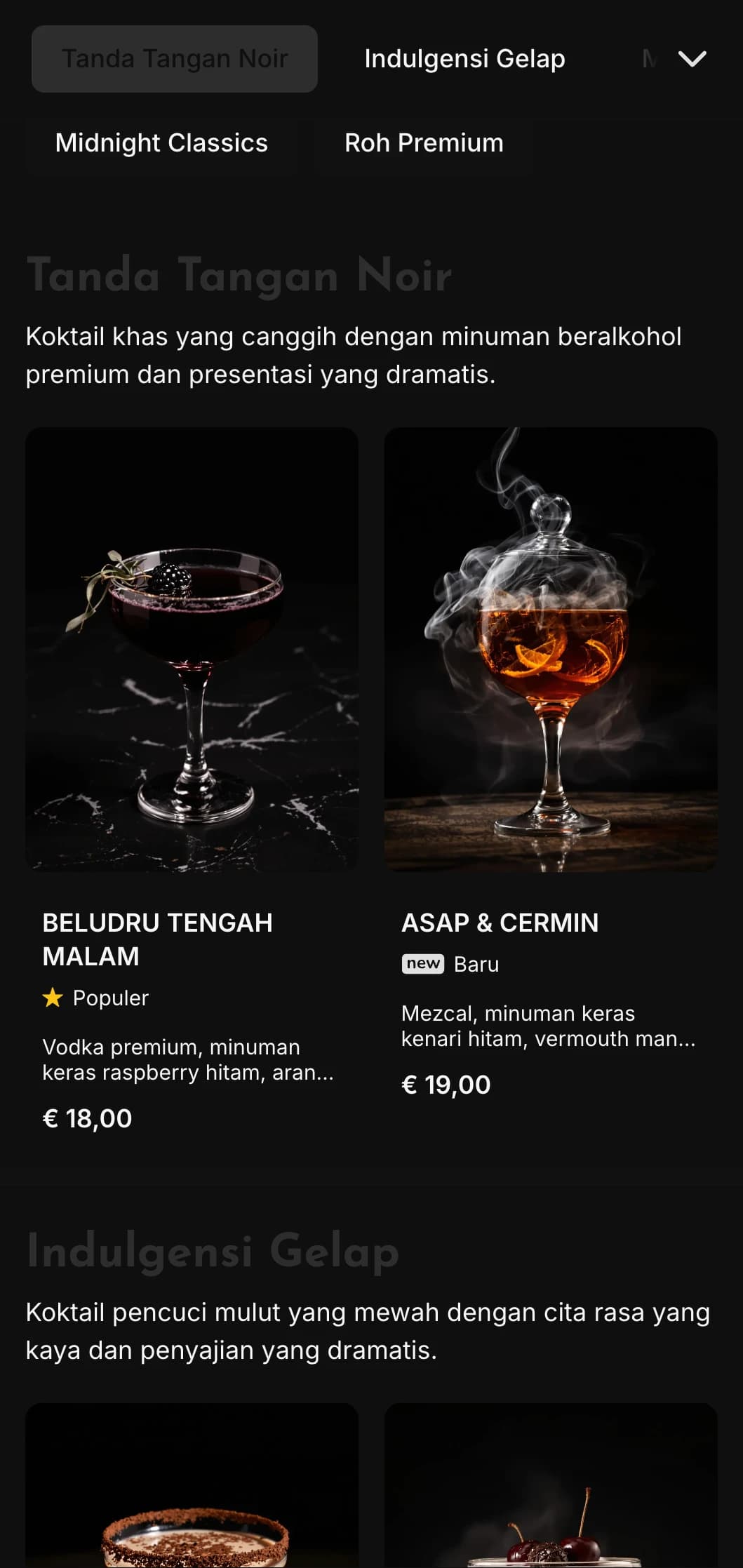 Desain yang ramping dan gelap untuk lounge koktail kontemporer dan klub malam yang menampilkan elemen kontras tinggi dan tipografi yang berani.