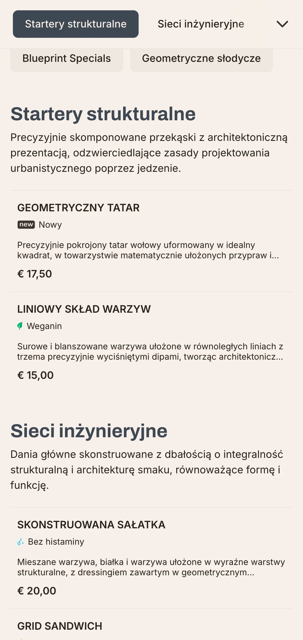 Odważny, architektoniczny projekt menu lunchowego z mocnymi liniami i elementami miejskimi, idealny do współczesnych restauracji w dzielnicach biznesowych i nowoczesnych budynkach.