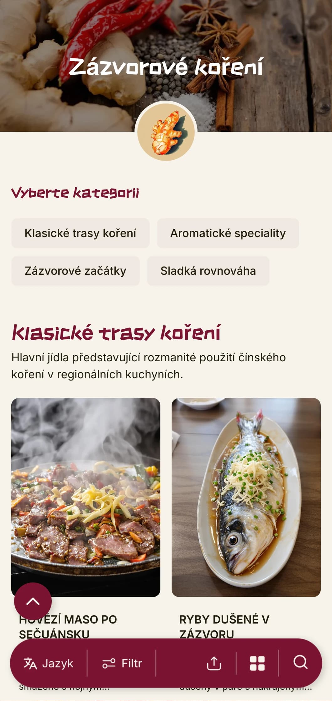 Živý design čínského menu inspirovaný tradicí zázvoru a koření s odvážnými prvky autentické regionální kuchyně.