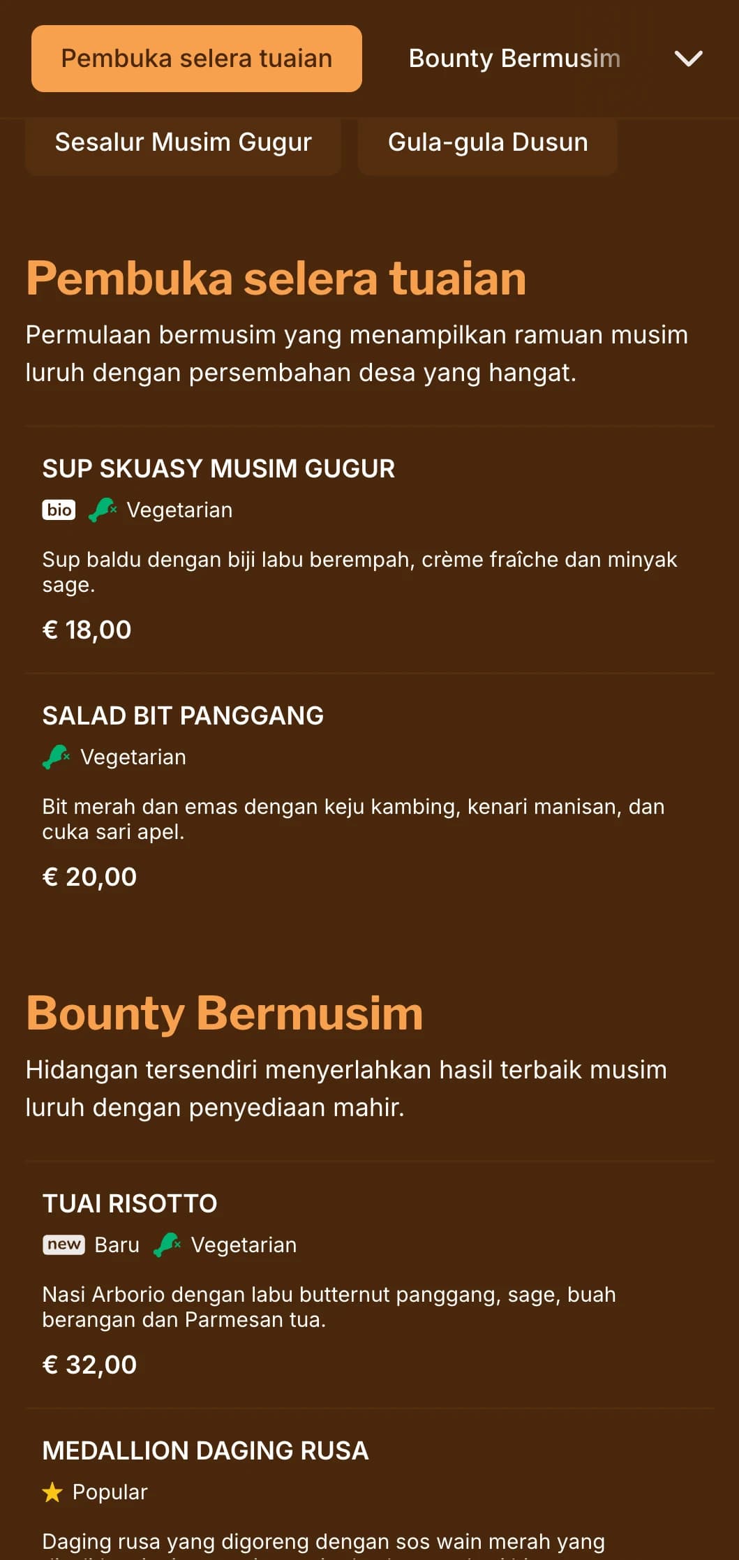 Menu makan malam hangat berinspirasikan musim luruh yang menampilkan rona ambar yang kaya, sesuai untuk masakan bermusim dan restoran menuai hasil.