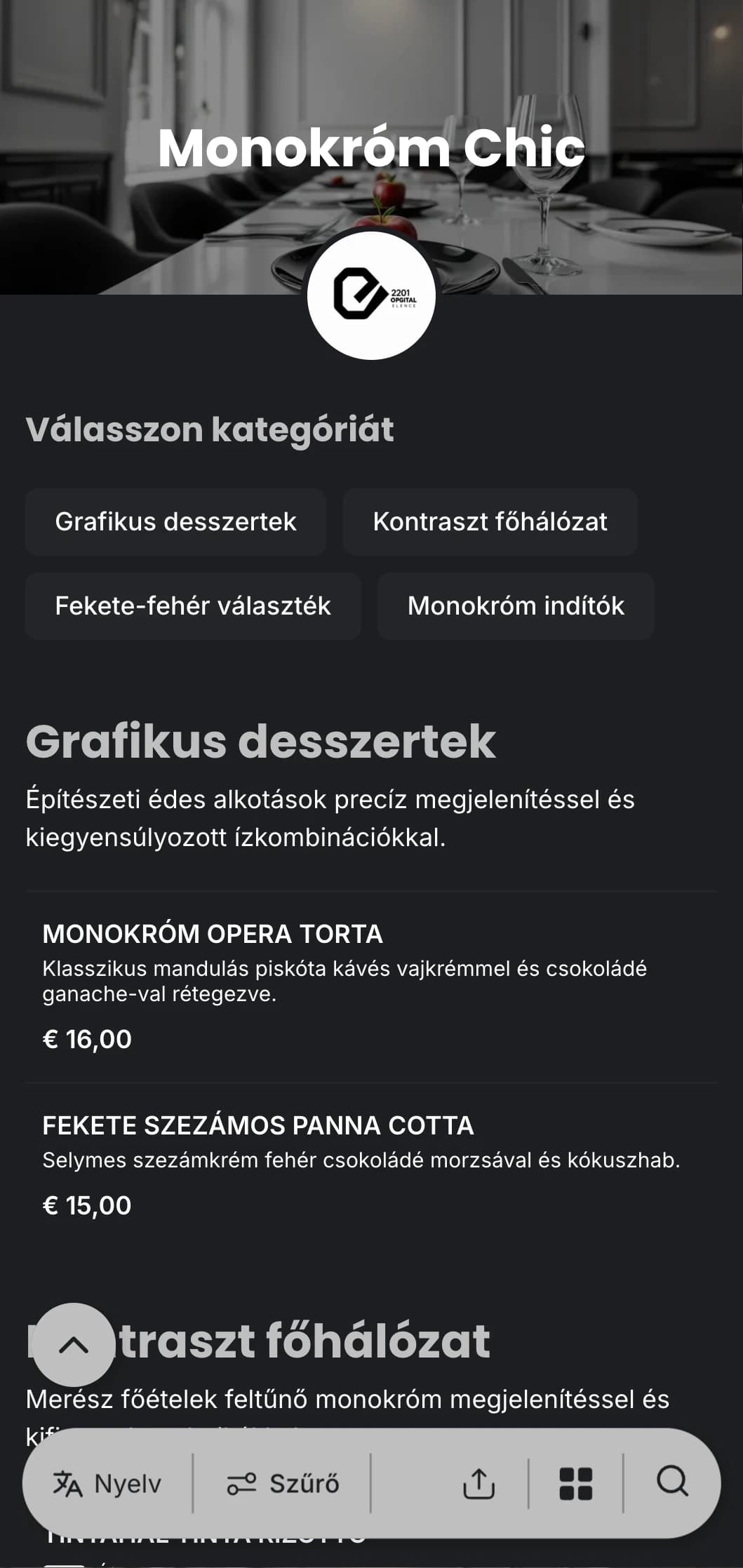 Kifinomult fekete-fehér vacsora menü, merész tipográfiával és letisztult vonalakkal, kortárs fine dininghoz tervezve.