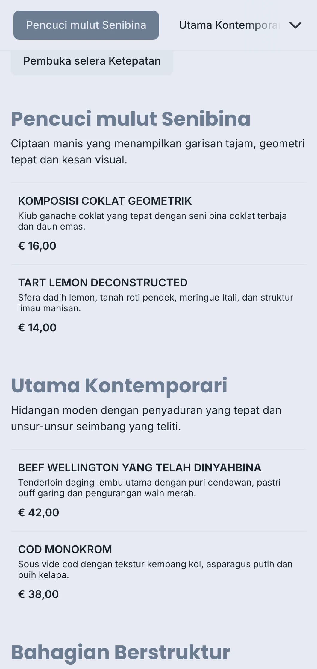 Reka bentuk katering yang bersih dan berstruktur dengan penyaduran geometri, bahagian yang tepat dan skema warna monokromatik untuk acara kontemporari.