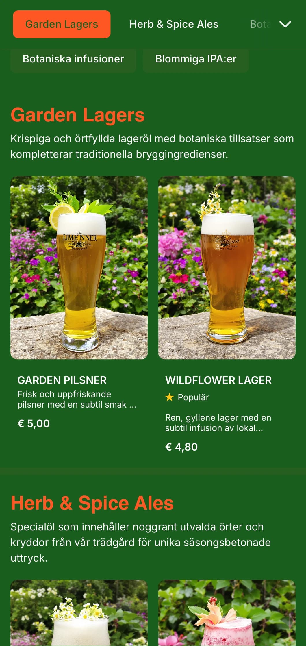 Fräsch och botaniskt inspirerad design med frodiga gröna toner och växtelement, perfekt för trädgårdsbryggerier och ölträdgårdar.