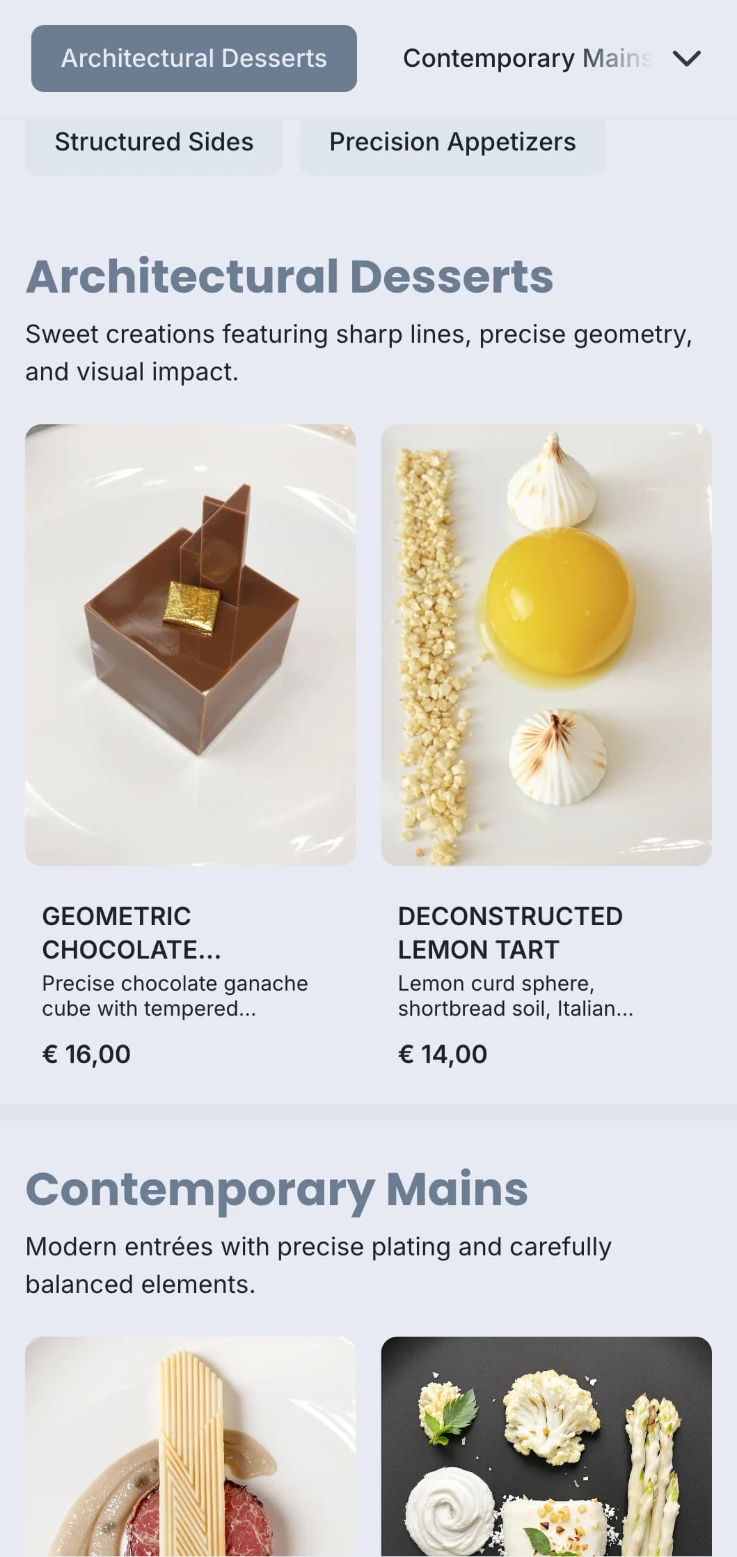 Clean, structured catering design with geometric plating, precise portions, and monochromatic color schemes for contemporary events.