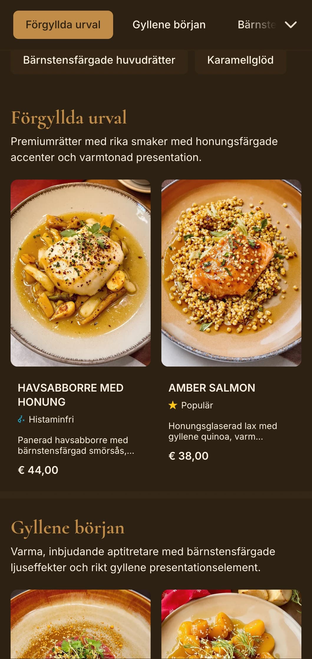 Rikt, varmt matkoncept med bärnstensfärgade toner och gyllene belysning för en intim lyxupplevelse.