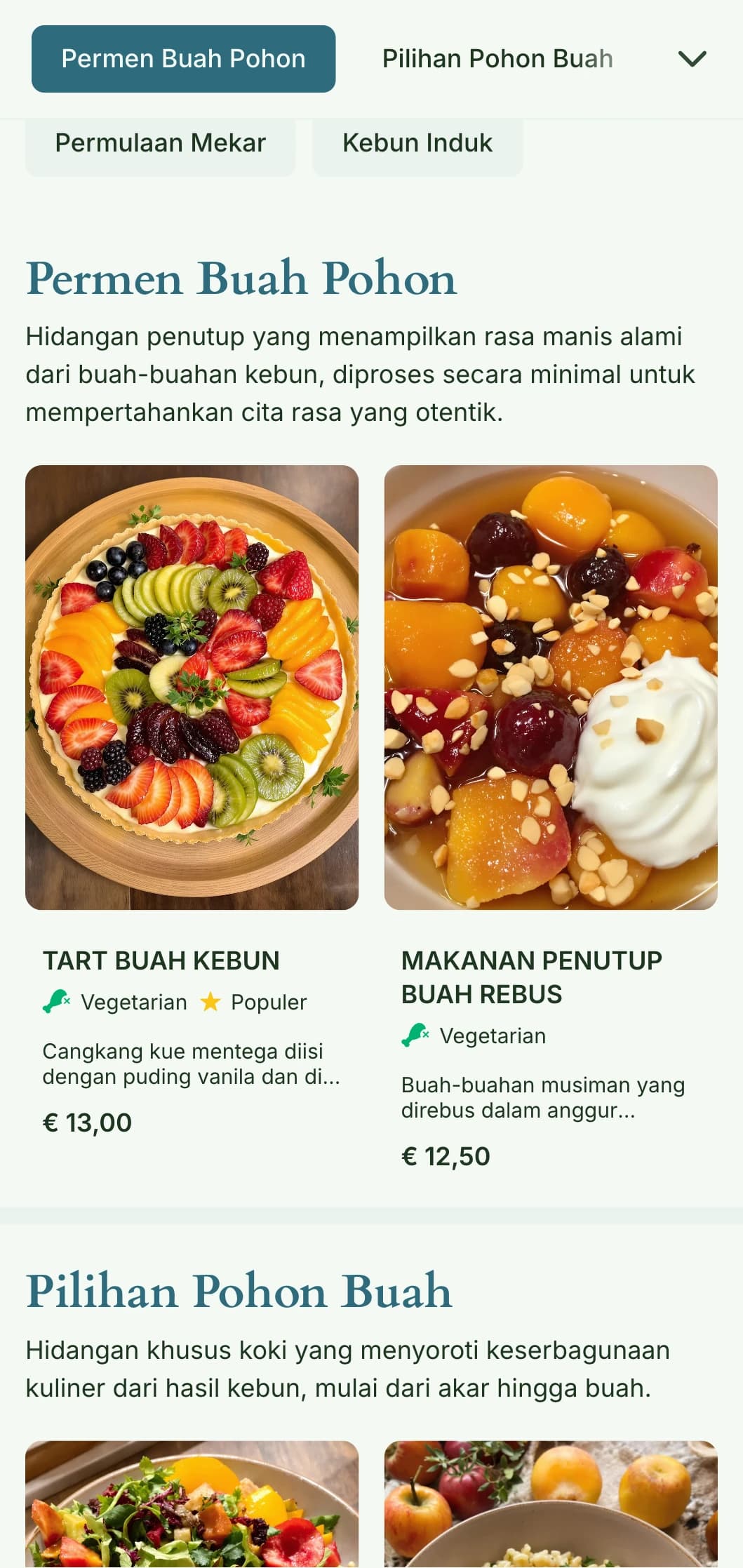 Desain menu makan siang yang terinspirasi dari kebun buah dengan elemen musiman dan kelimpahan alam, ideal untuk restoran yang menggunakan buah-buahan dan produk kebun buah.