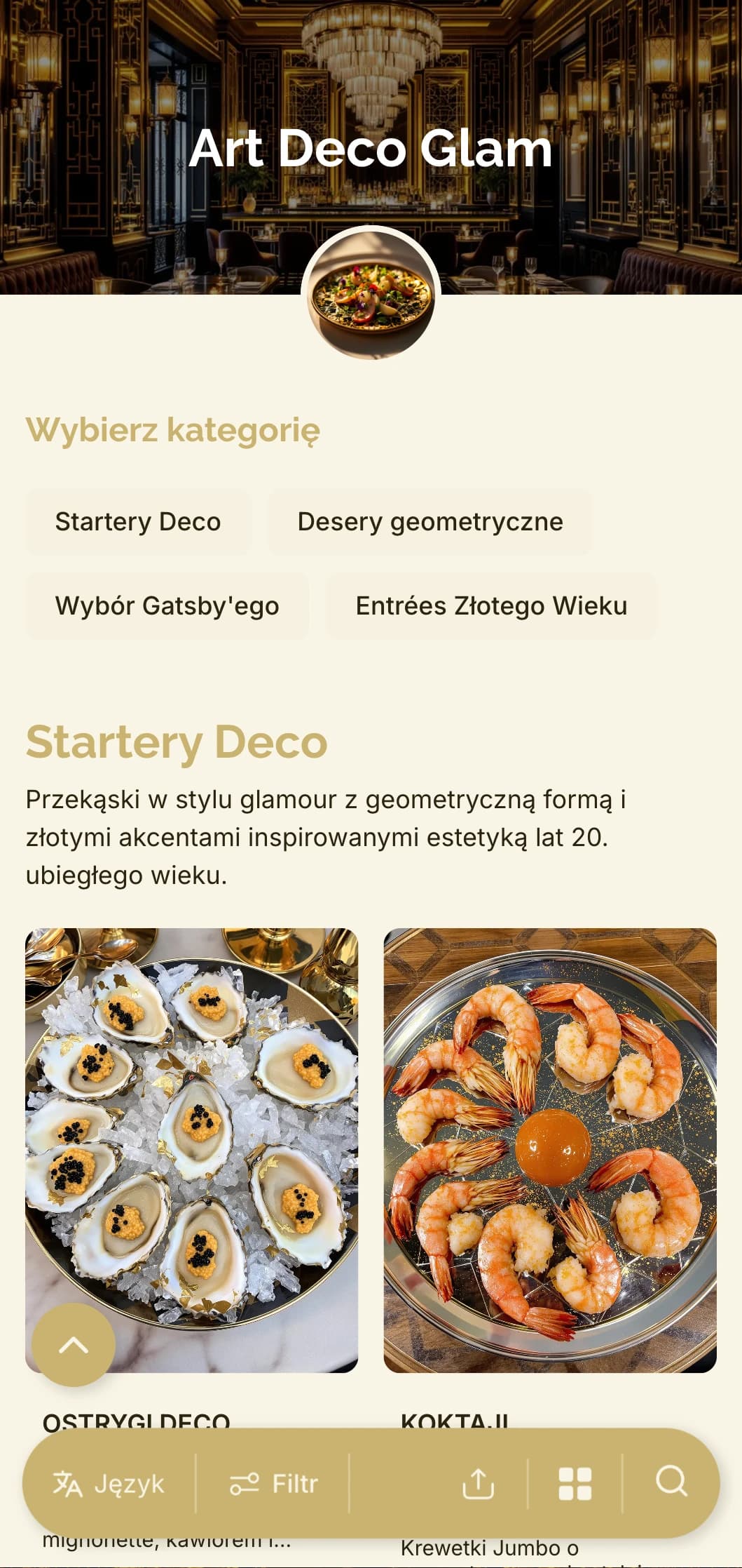 Efektowny design inspirowany latami 20. z geometrycznymi wzorami i złotymi akcentami zapewnia ponadczasowe, a jednocześnie współczesne doznania kulinarne.