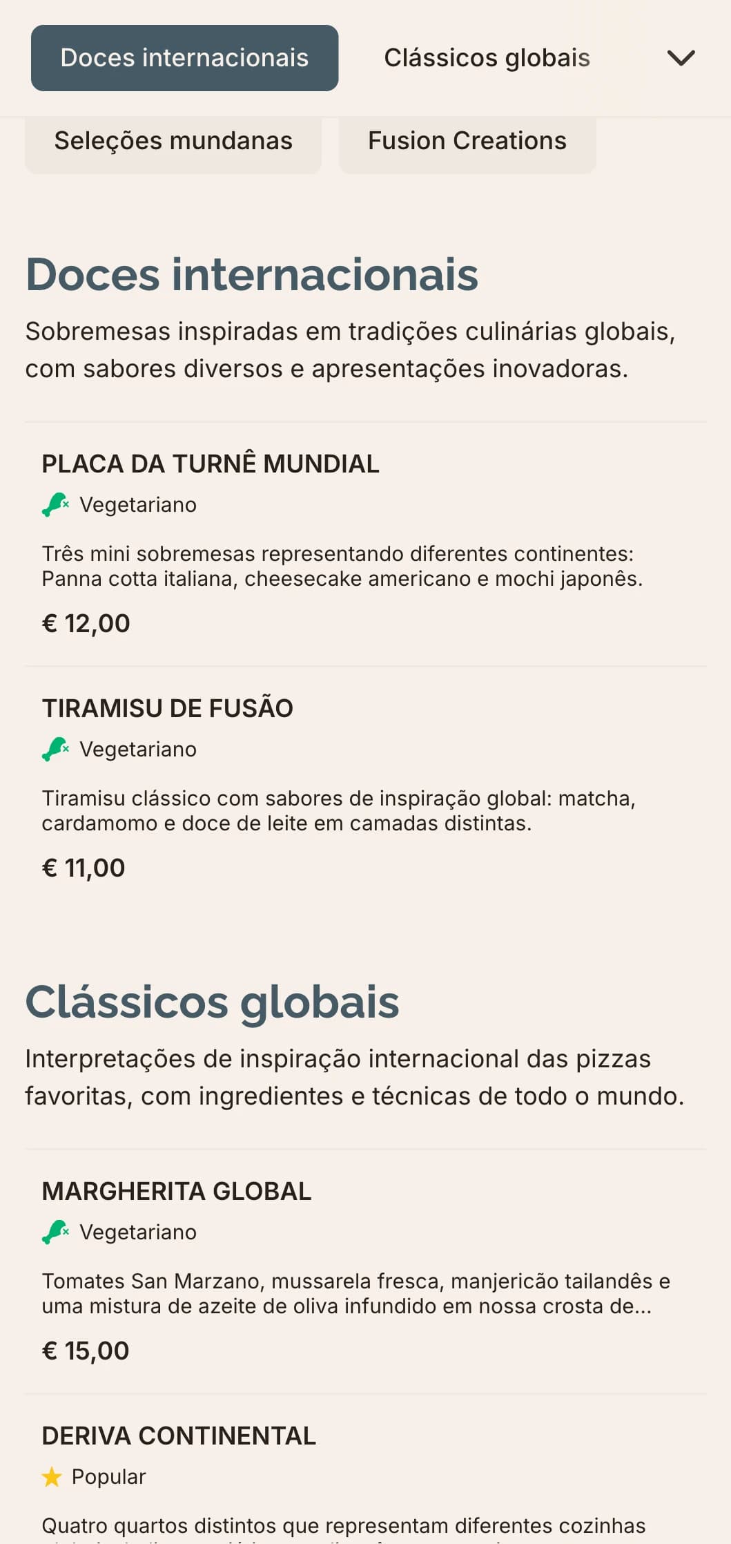 Menu de pizzas de fusão global com design contemporâneo para combinações inovadoras de sabores.
